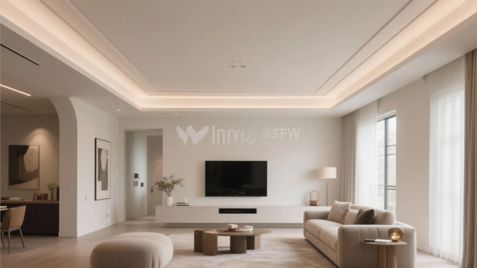 Modern living room design with cream sofa wooden coffee table wall light and large windows