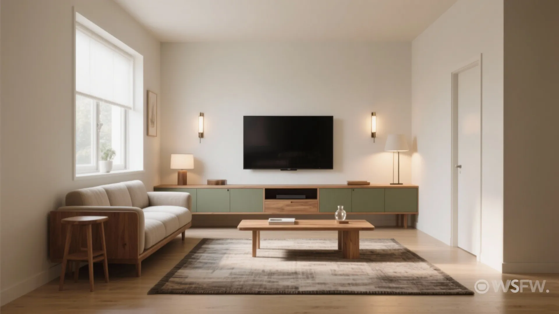 Modern living room with a television green cabinet beige sofa wooden table and grey rug