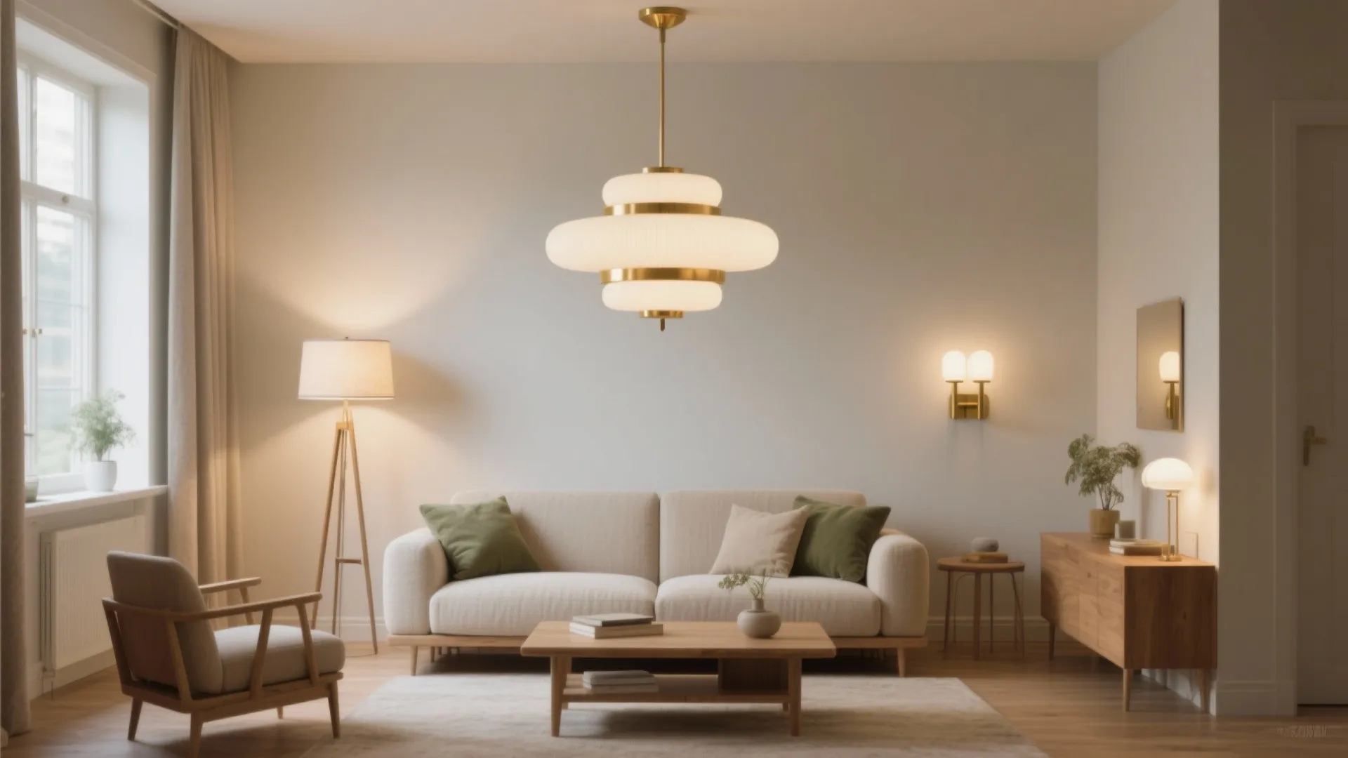 Balanced layered lighting in a small living room with a modern chandelier, floor lamp, and wall sconces.