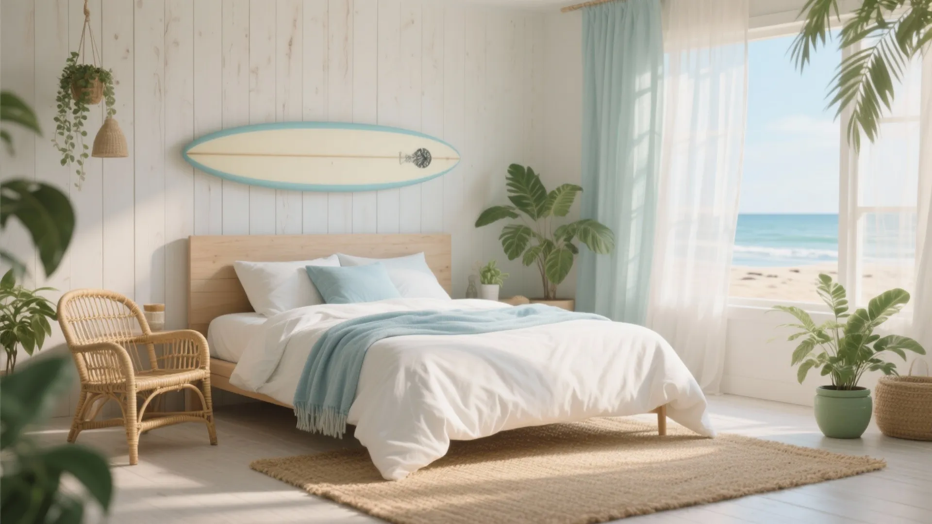 Coastal bedroom with white wooden wall panel surfboard rattan chair bed and large beach view window