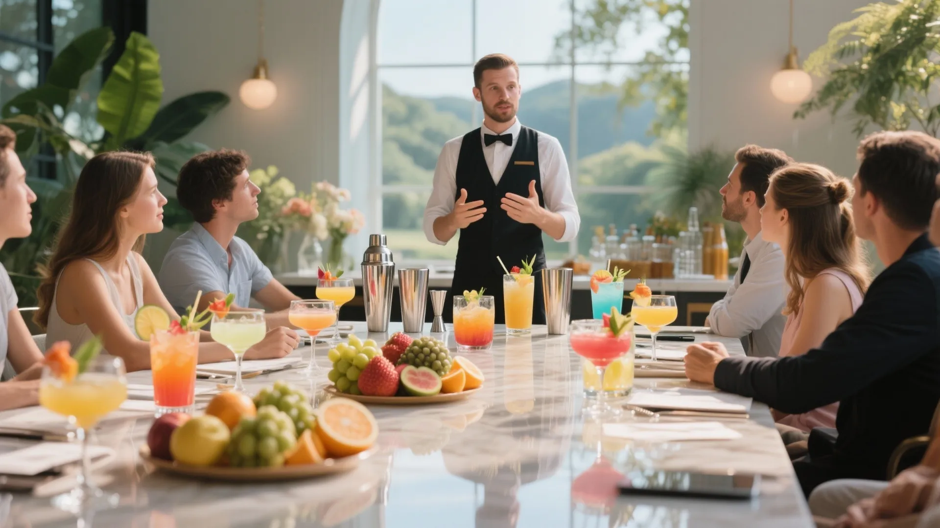 Mixologist leading a summer cocktail workshop with colorful drinks