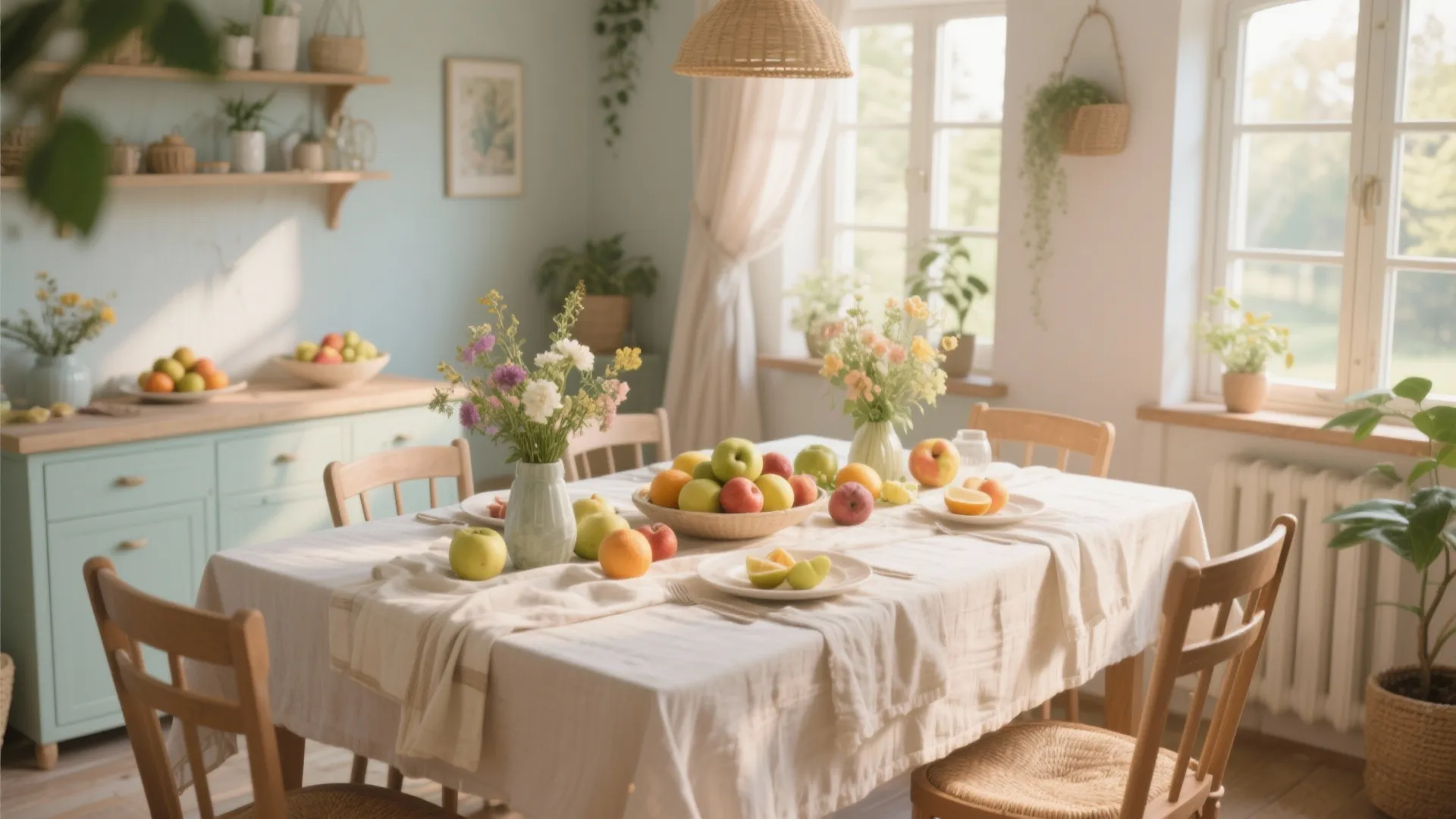 Bright dining room with wooden table white tablecloth fresh fruit green plants and blue cabinets
