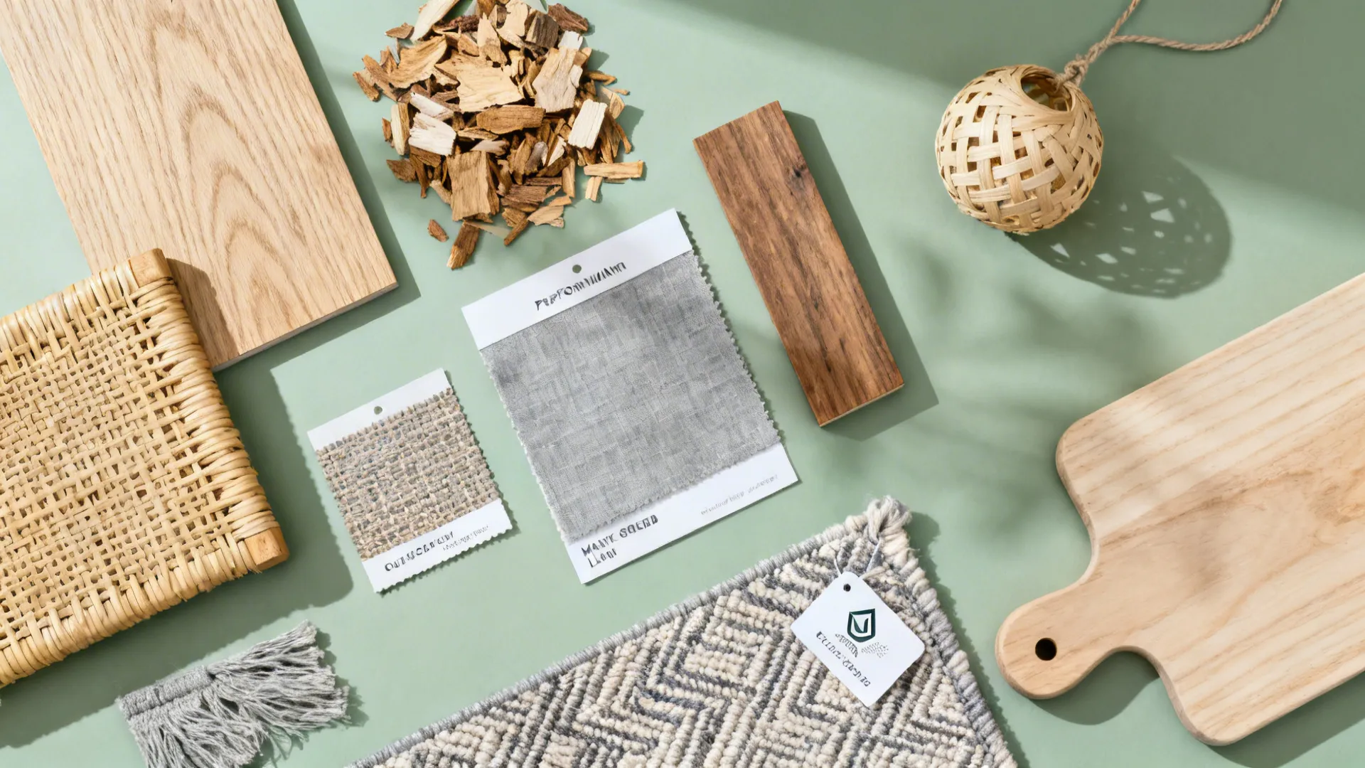 Mood board with wood samples fabric swatches rattan rug and wood chips on green surface