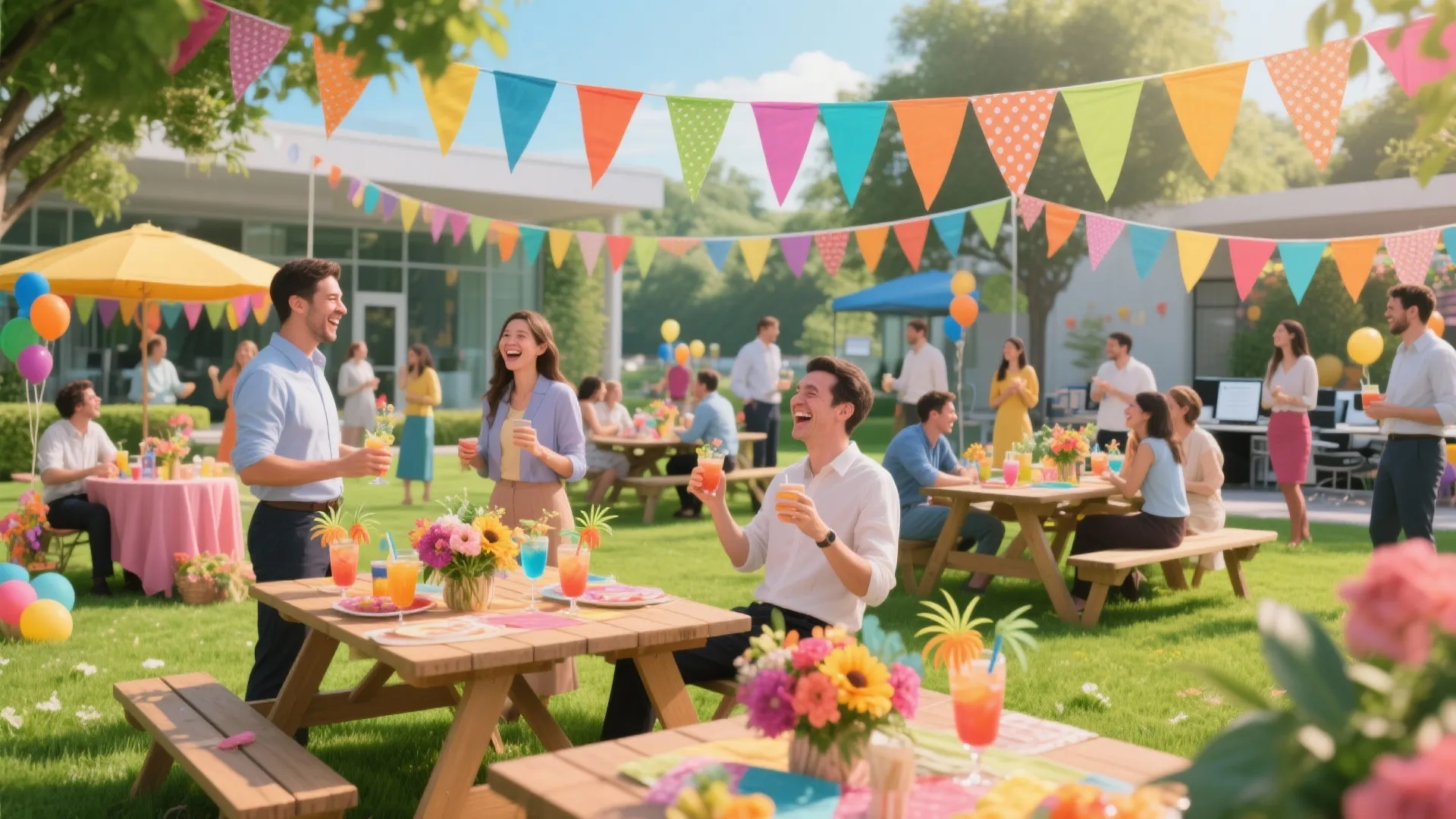 Outdoor office summer party with people sitting at wooden tables under colorful flags and balloons