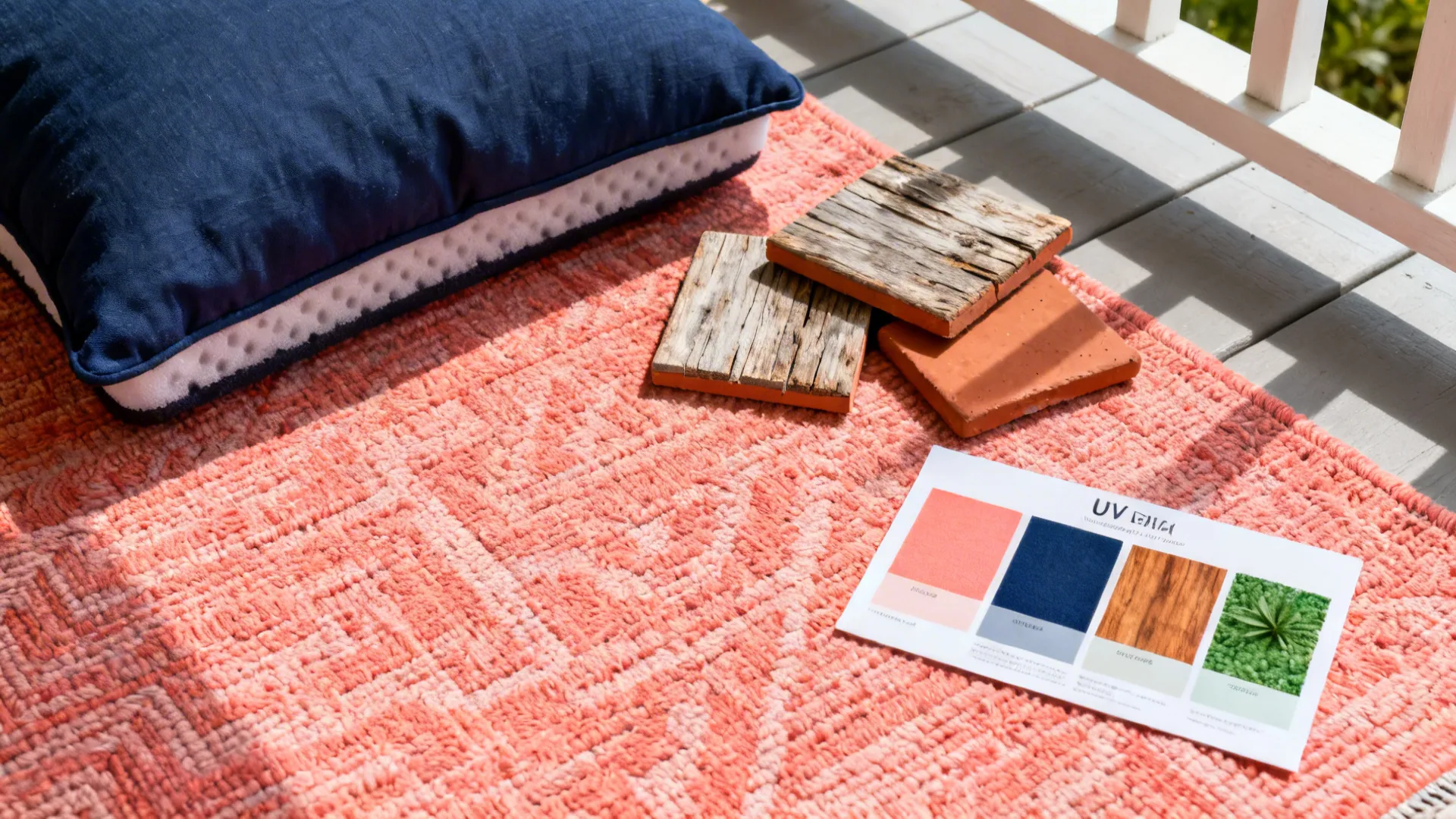 Flatlay of a coral outdoor rug swatch, navy cushion, and material samples for porch styling.