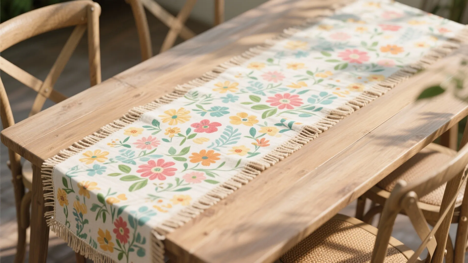 Colorful floral table runner on a wooden dining table with chairs in a bright room