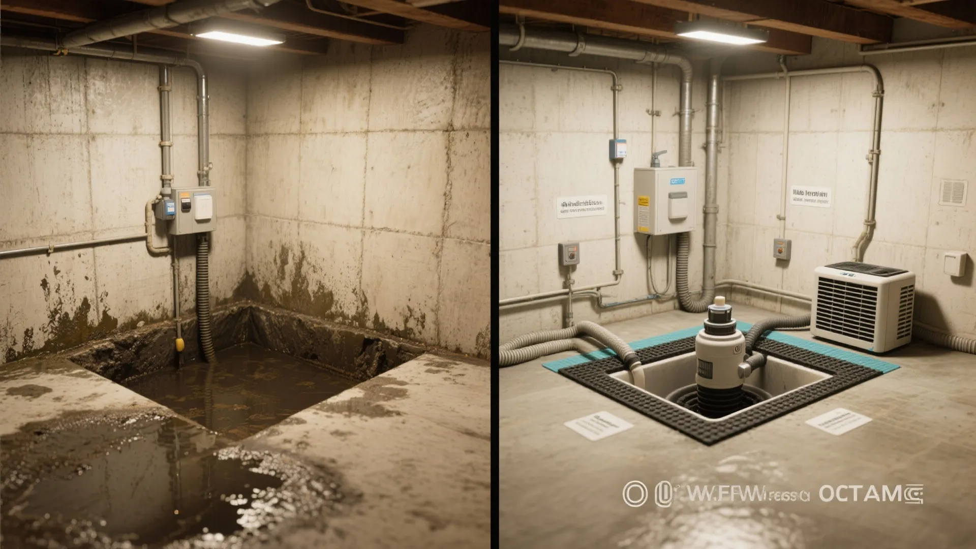 Before-and-after of a crawl space showing sump pump basin with drainage mat and adjacent dehumidifier versus untreated damp corner.