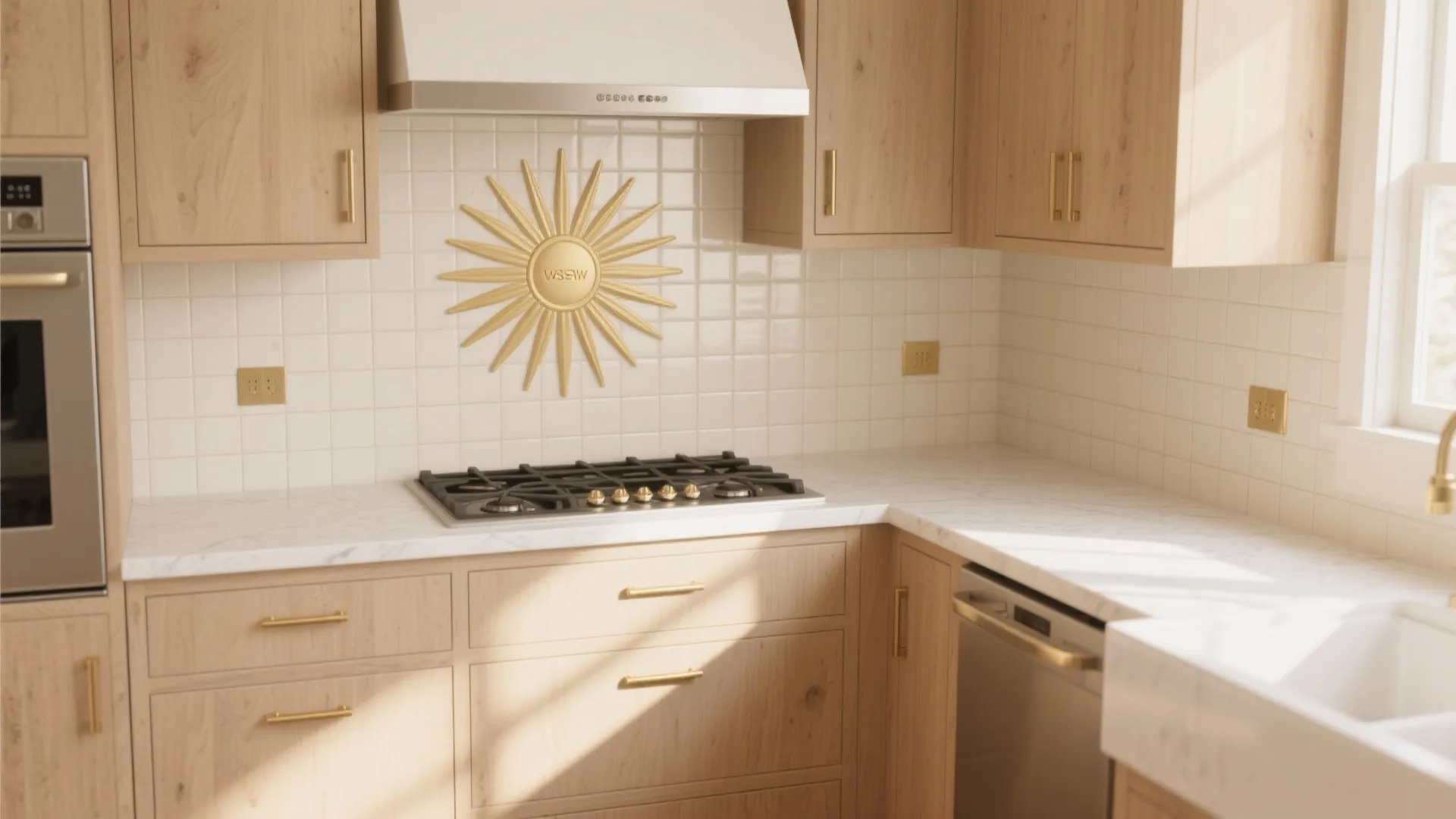 Sun Motif Backsplash in a Petite Kitchen
