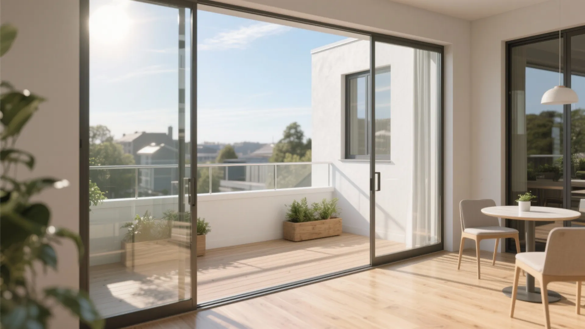 Bright living room with glass sliding doors opening to a sunny balcony with wooden planter boxes