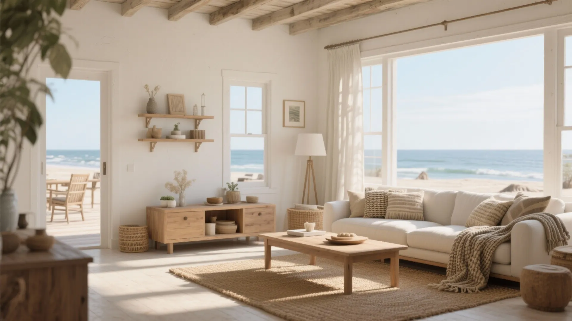 5. Sun-Bleached Whites with Warm Wood