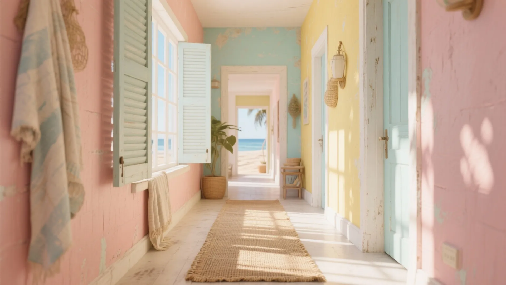 Sunlit corridor with sun-bleached pastels—pale corals, washed yellows, and milky aquas with soft wear textures.