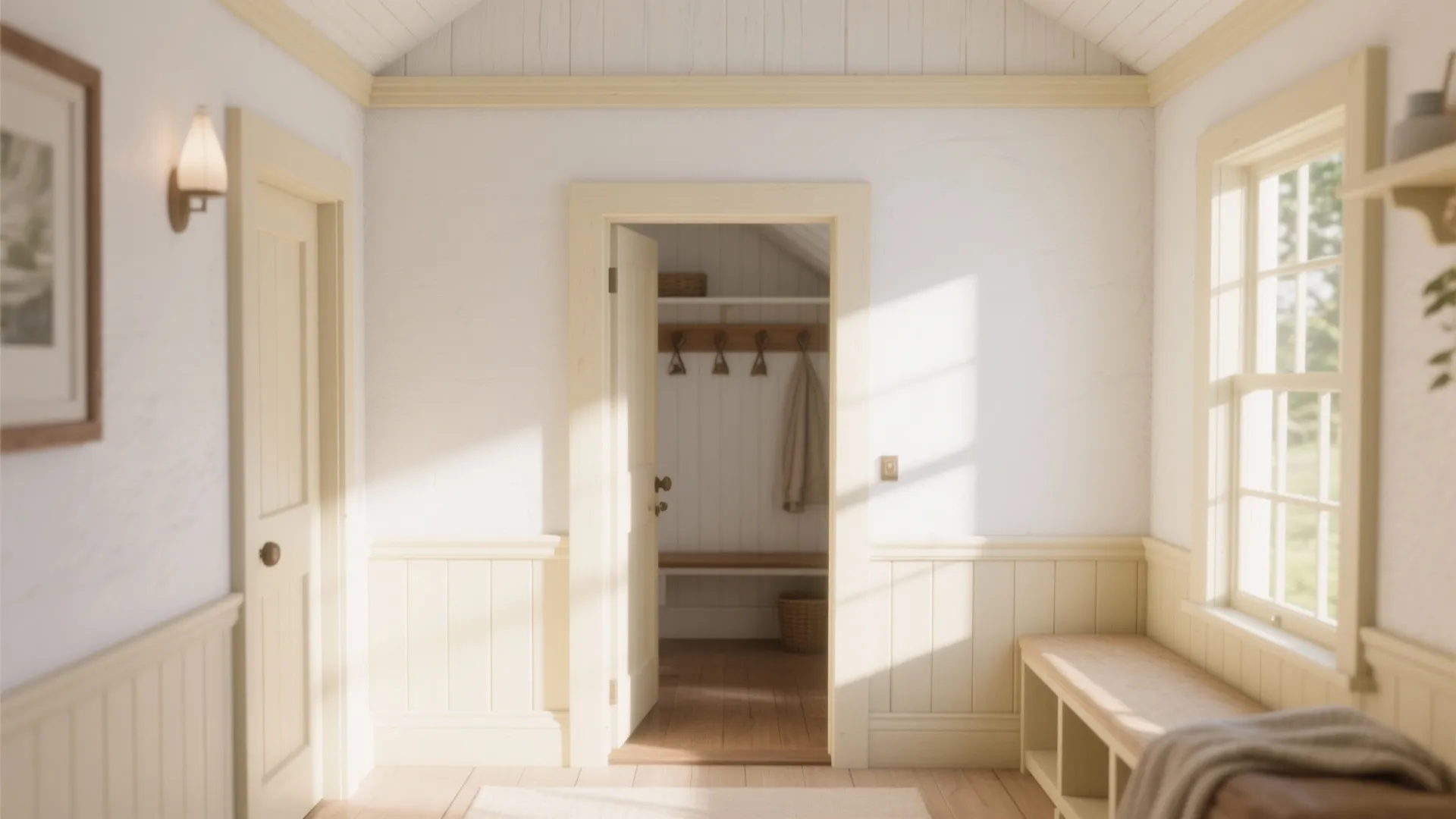 Small cottage interior with sun-bleached warm white walls and creamy trim reflecting bright light.