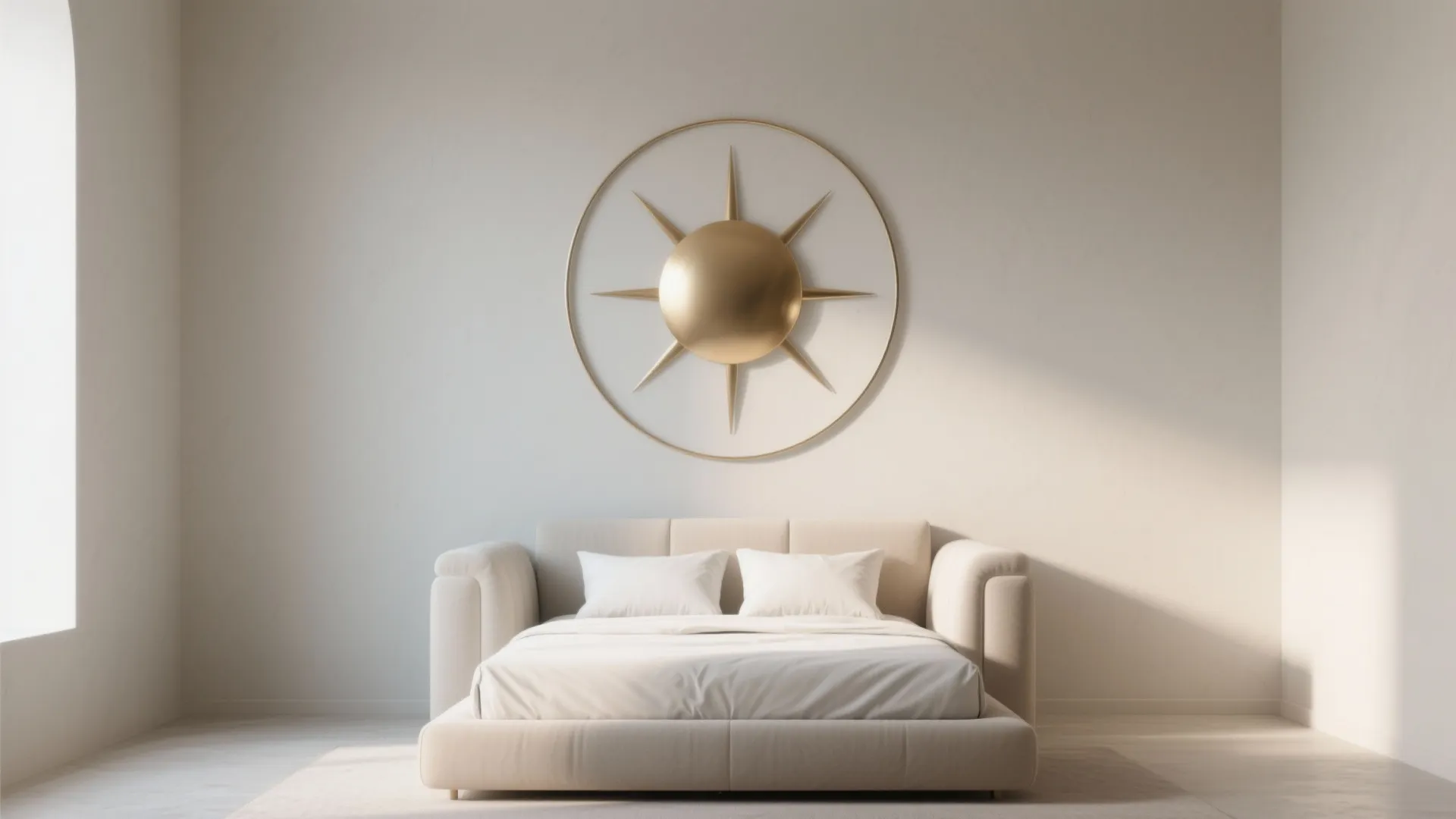 Simplified Aten sun disk painted above a bed, creating a symmetrical focal point.