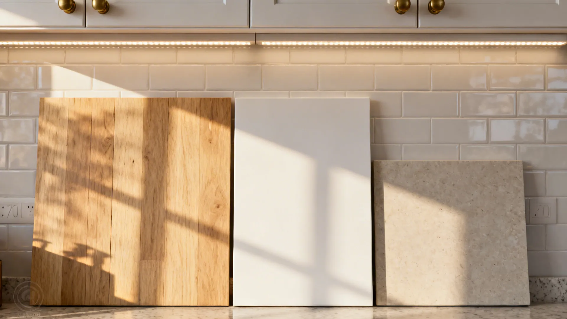 Selection of wood, white, and stone material samples displayed under a kitchen cabinet light fixture