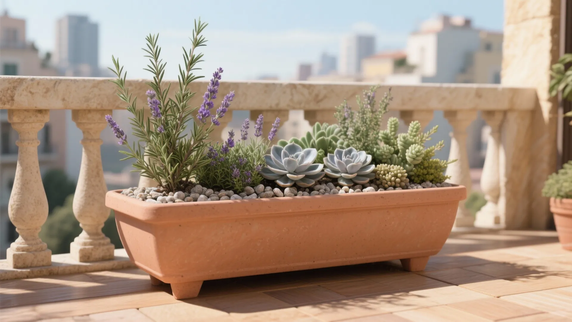 Wide balcony container with rosemary, lavender, thyme, and succulents mulched with pea gravel in bright sun.