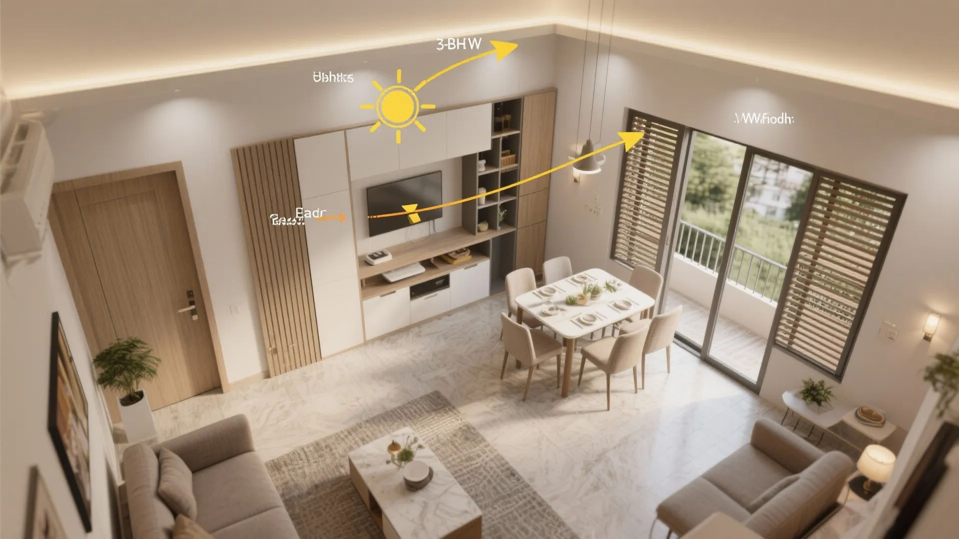 Sun-led layouts for living-dining flow