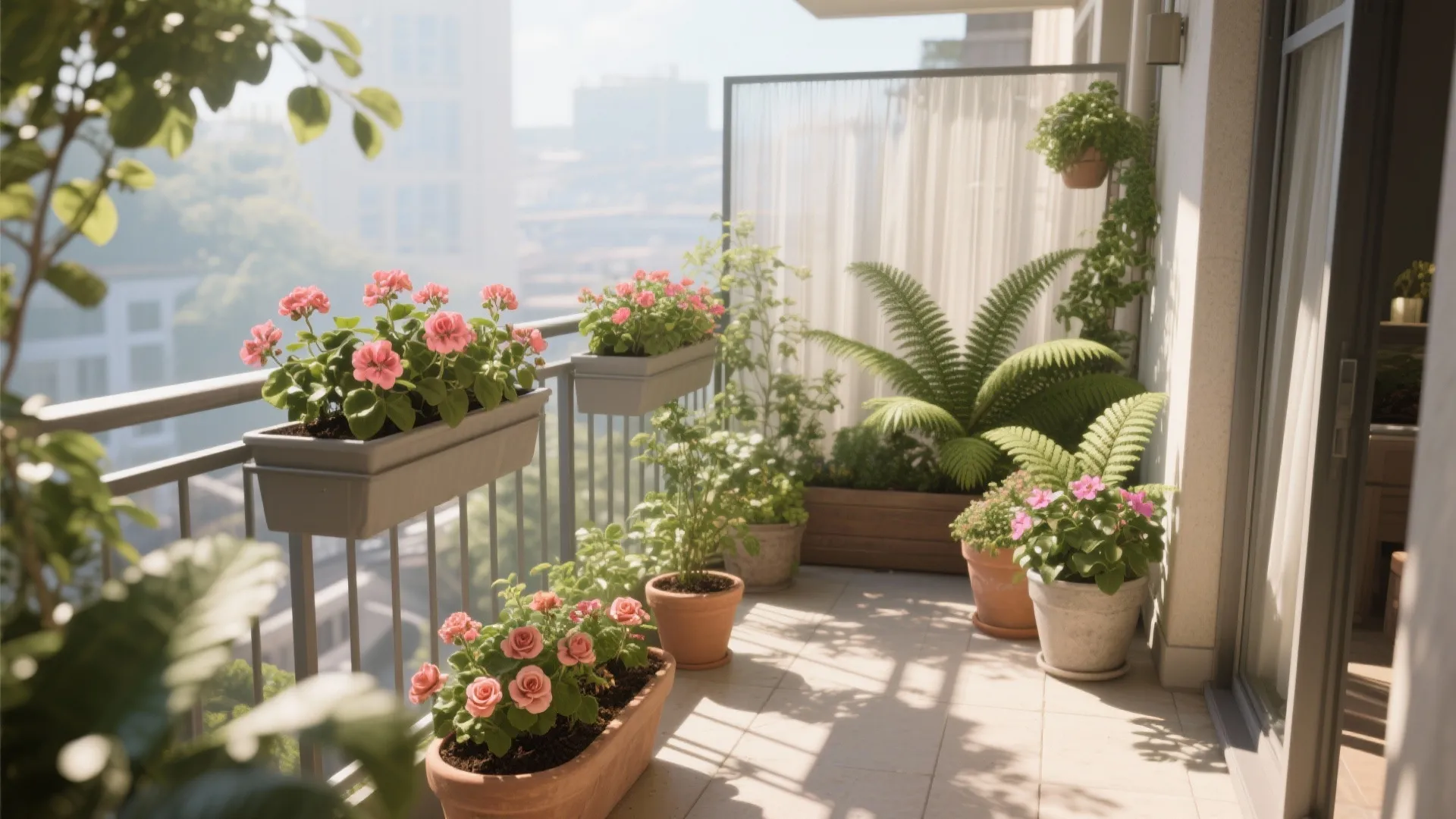 Bright apartment balcony with pink flowers in pots a tall screen and green leafy plants
