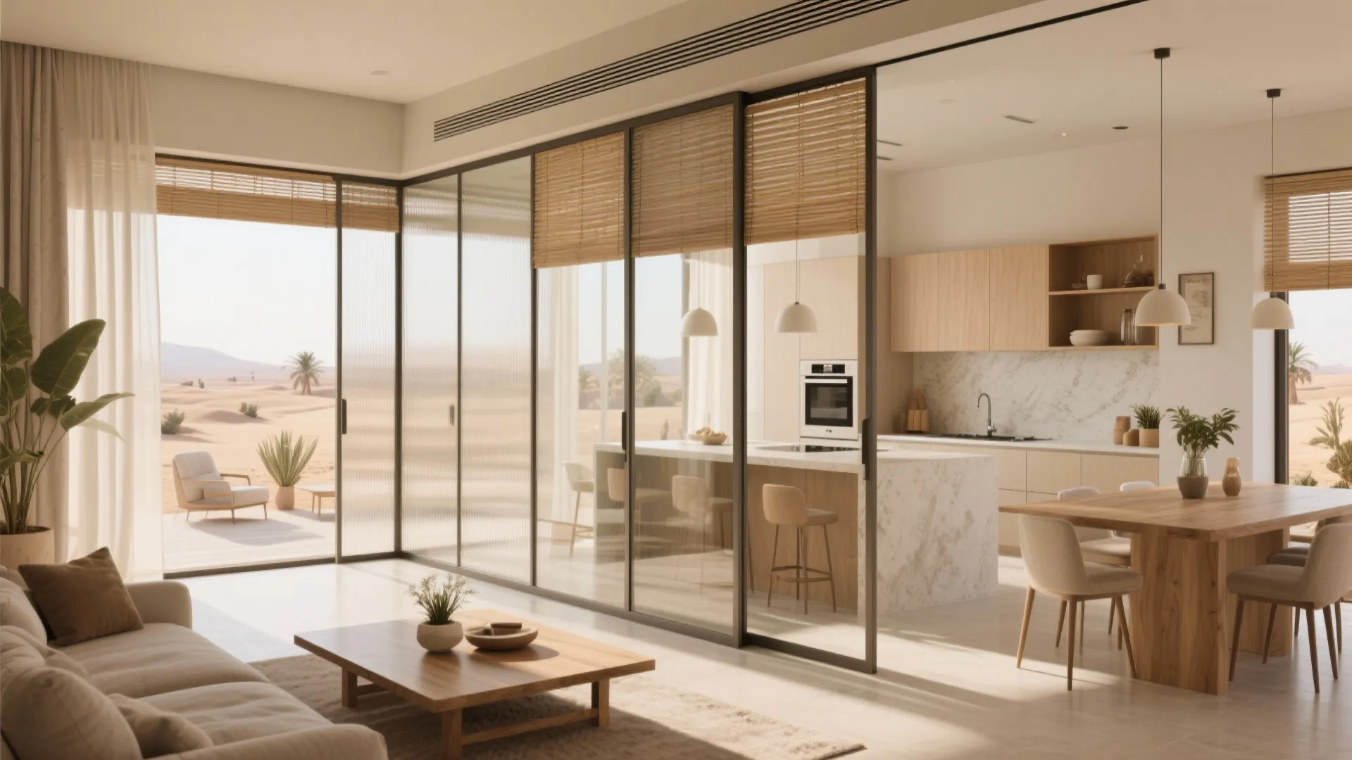 Sun-smart open plan with sliding partitions