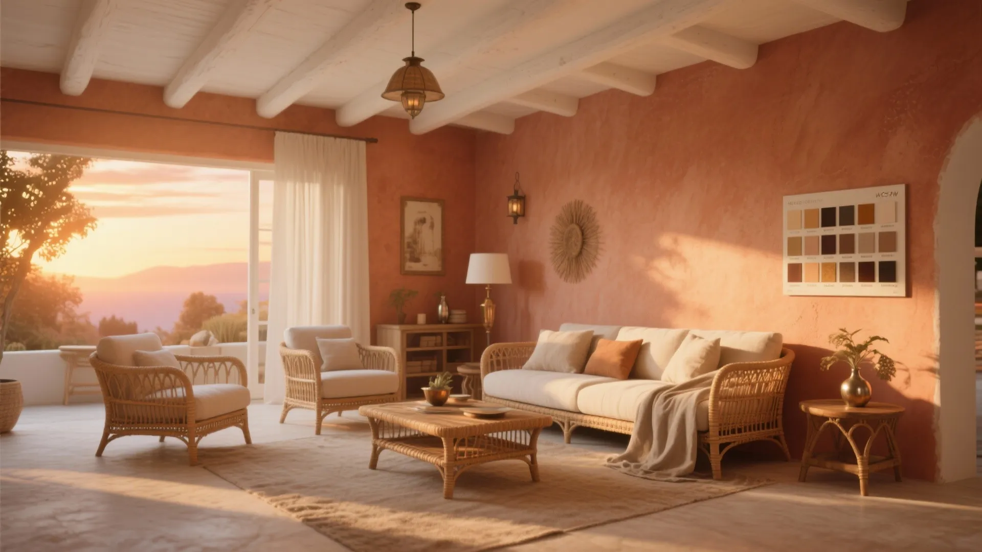 Warm terracotta living room featuring wicker sofa coffee table wooden ceiling beams and open windows