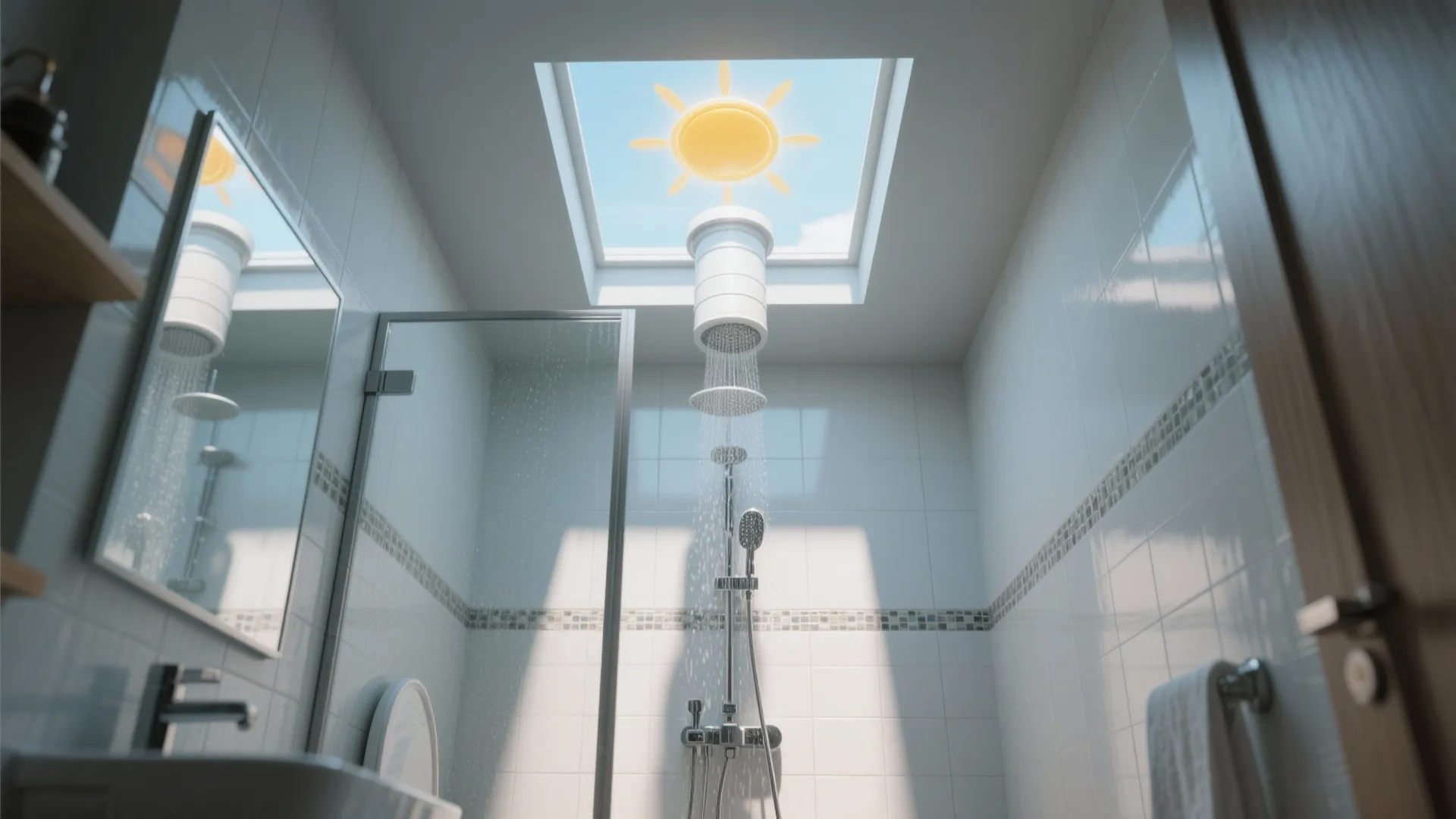 White bathroom interior featuring a roof window with natural sunlight shining over the shower area