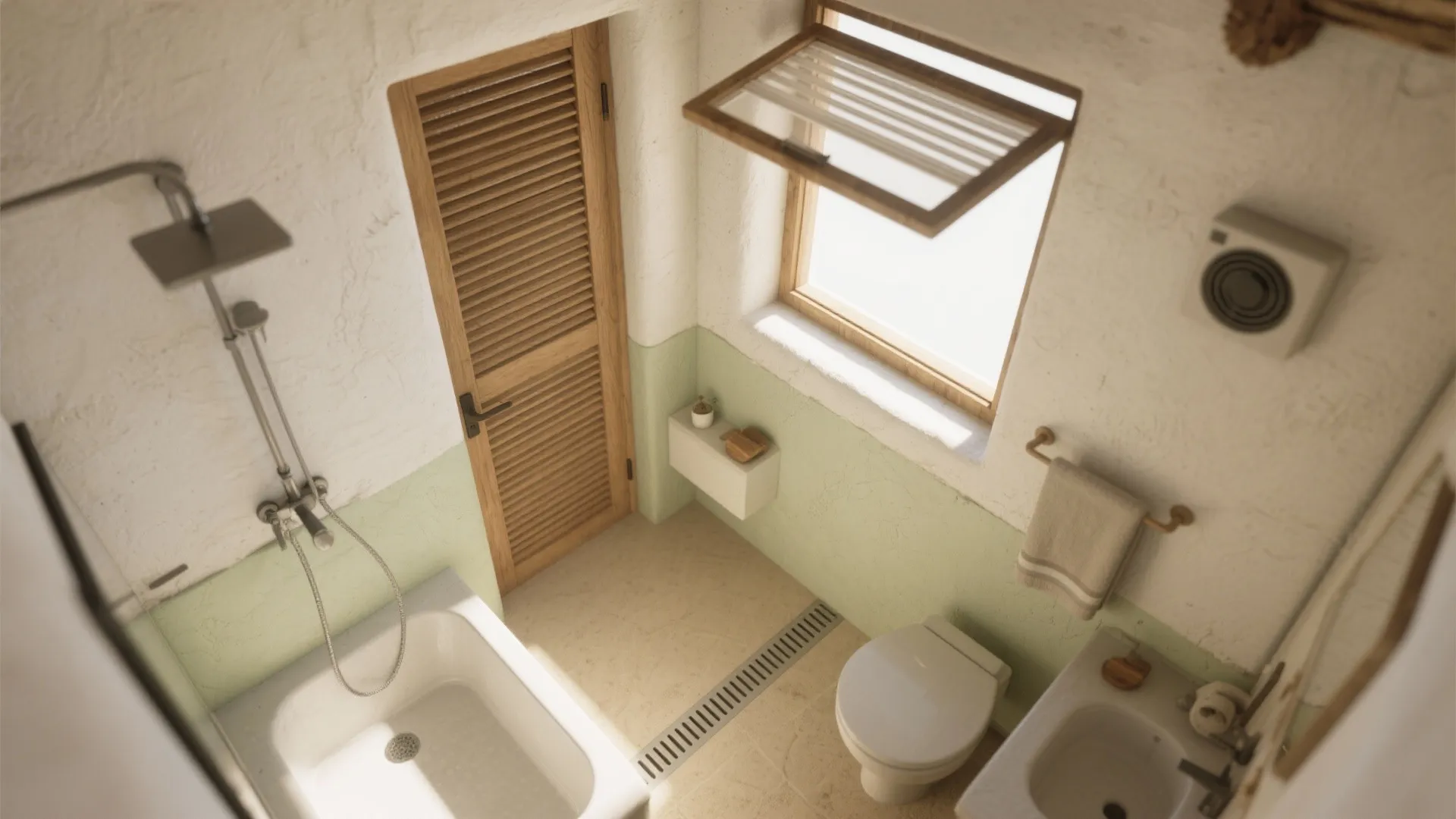 Small rustic bathroom with shower area wooden door open window white toilet and light green walls