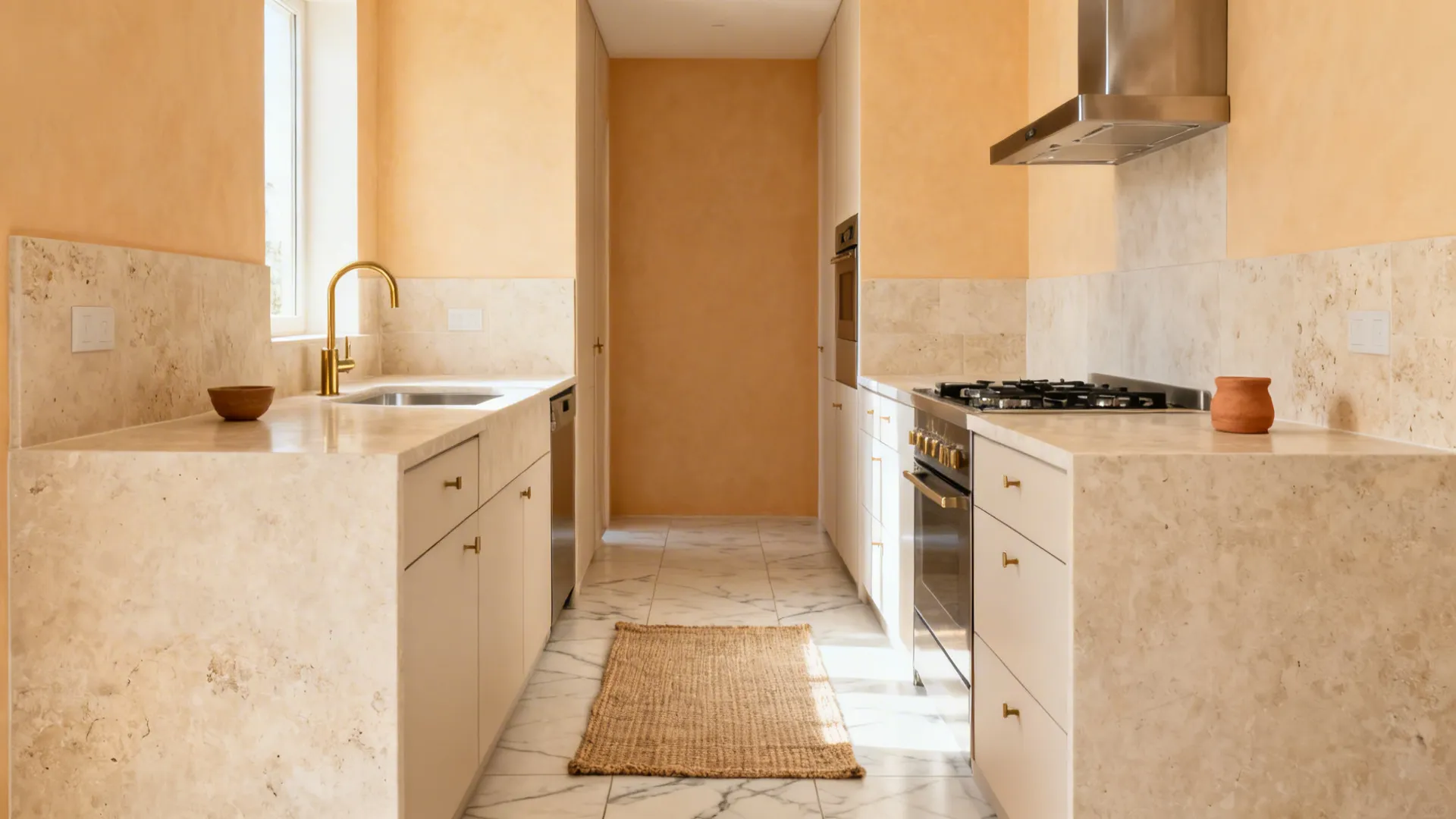 Narrow kitchen with orange walls marble counters gold faucet small floor rug and white flooring