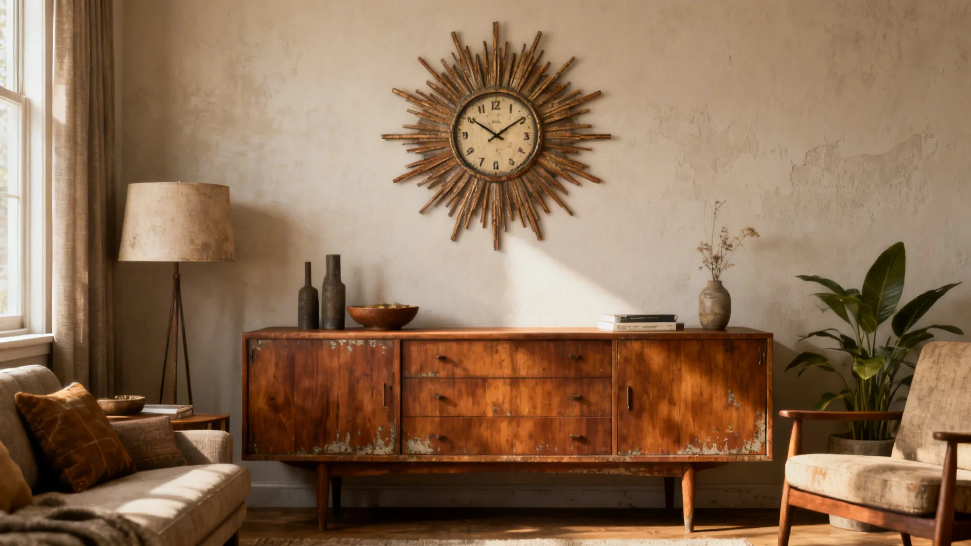 Sunburst wall clock above a wooden cabinet with a floor lamp and a brown fabric sofa