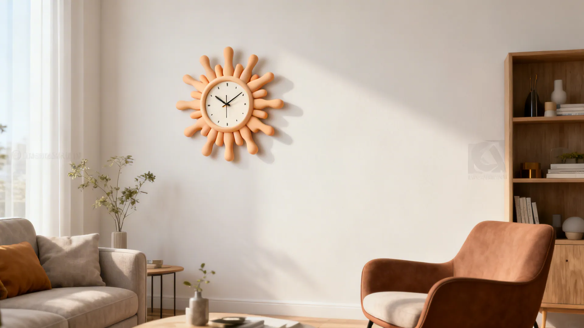 Mid-century sunburst wall clock on a neutral living room wall paired with contemporary furniture