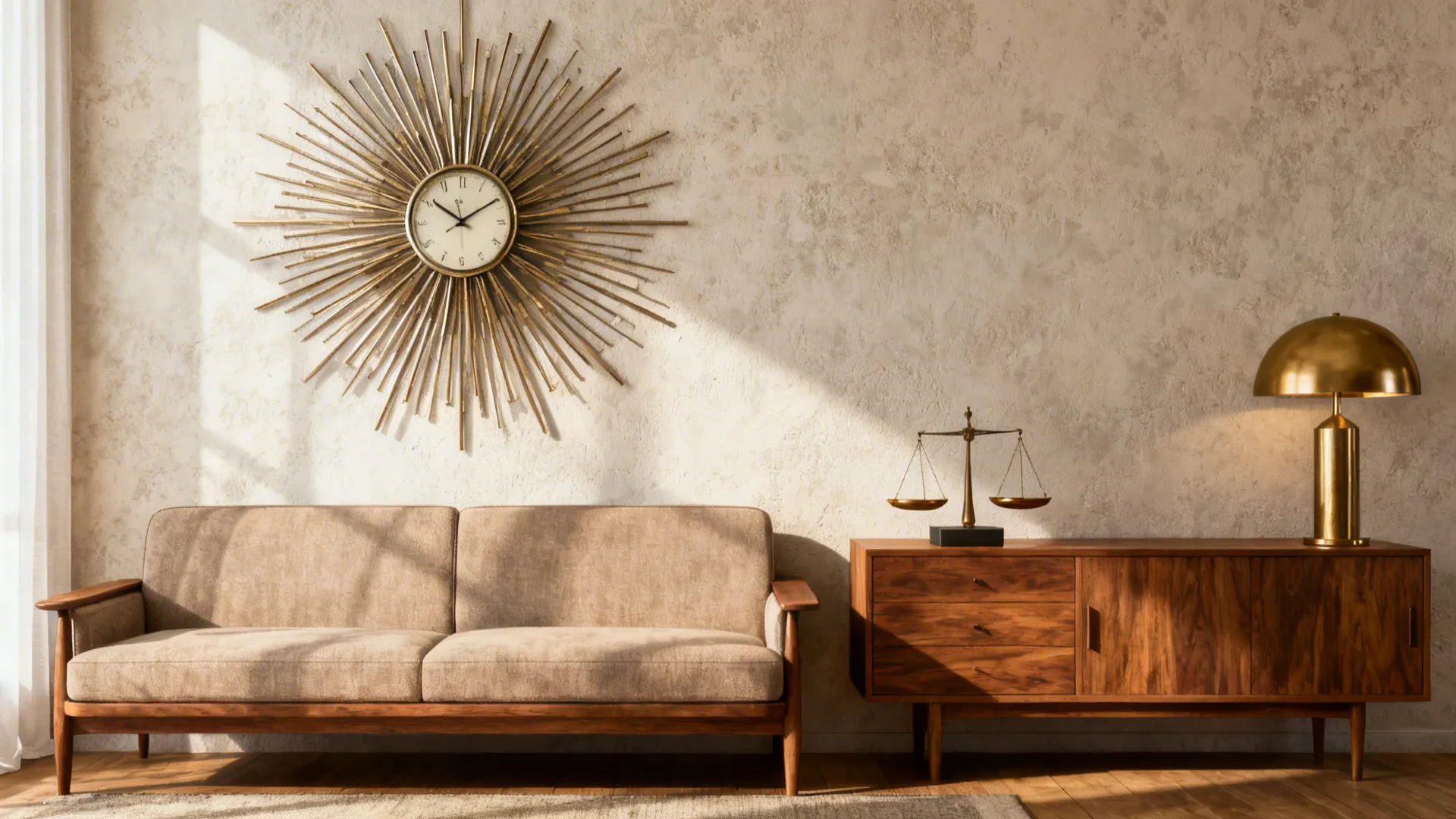 Mid-century sunburst clock above a sofa with matching brass accents in a warm living room