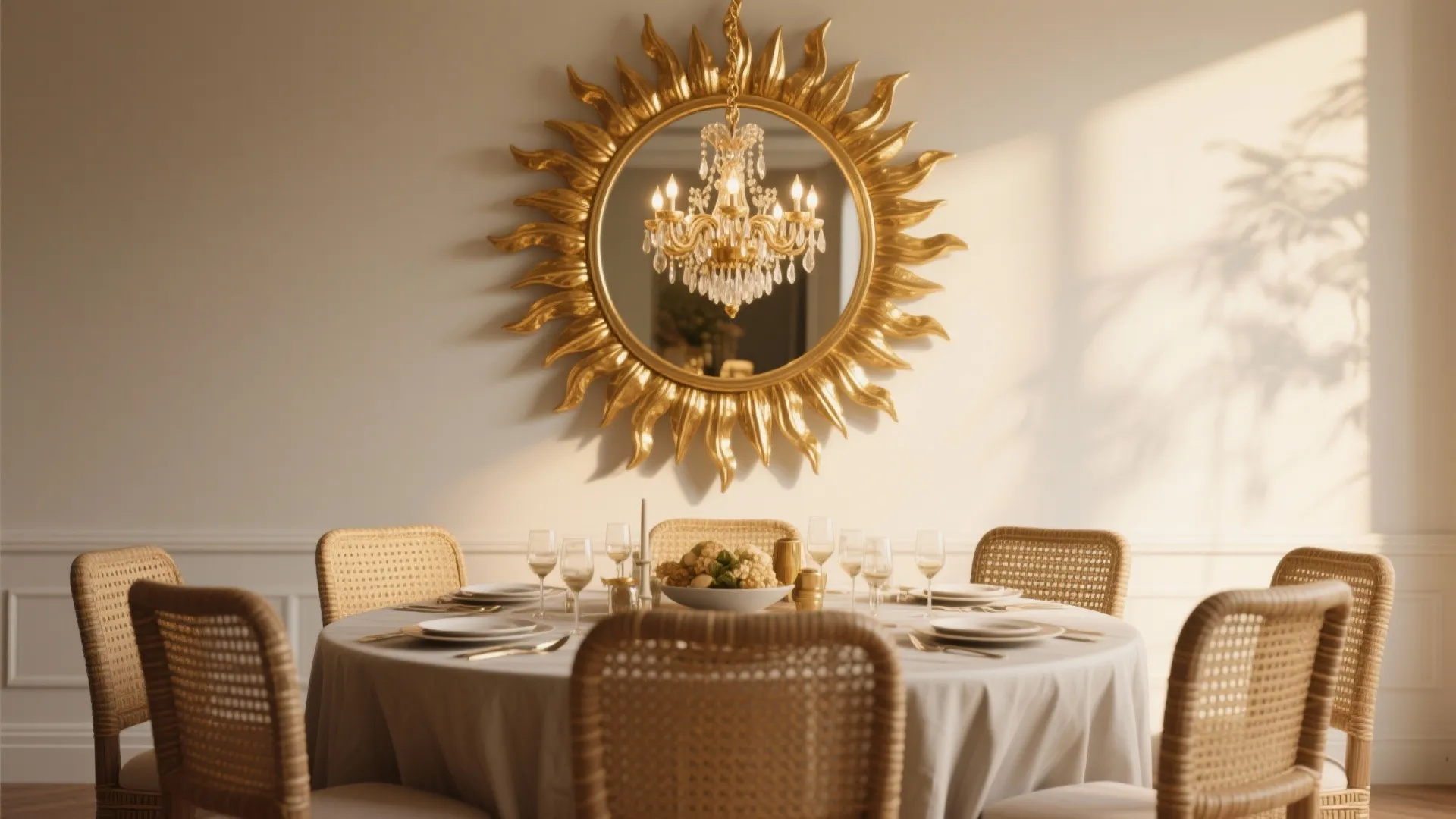 Gilded sunburst mirror above a round dining table with woven textures and warm chandelier reflections.