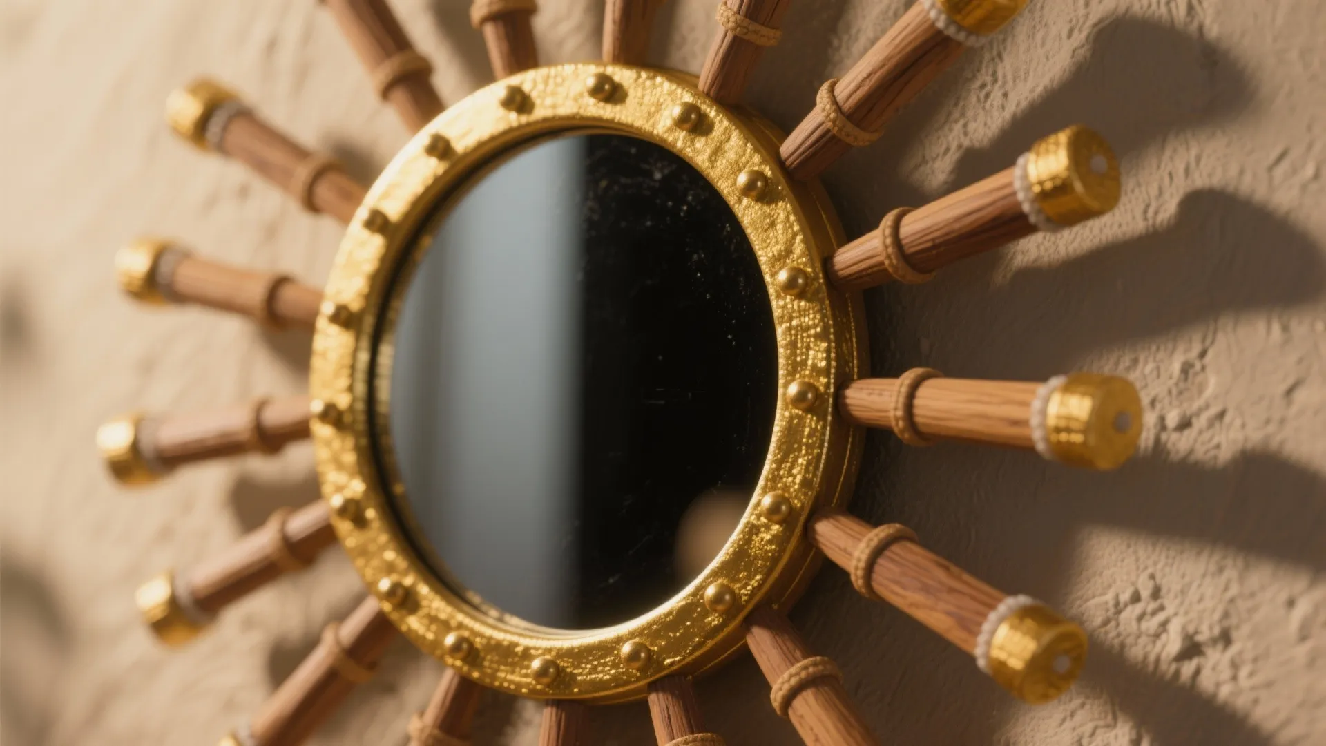 Round sun shape wall mirror with gold metal frame and wooden sticks on a beige wall