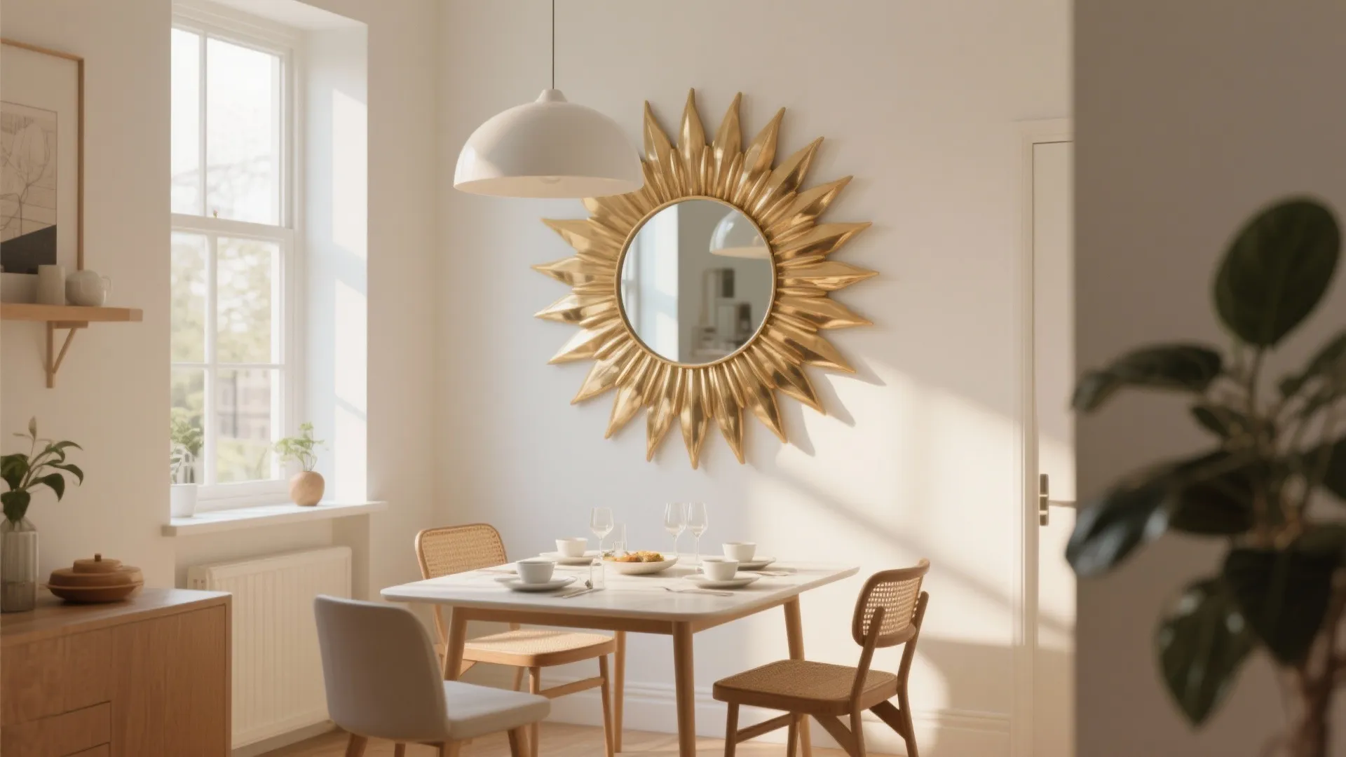 Bright dining area featuring a large gold sun mirror on wall with white dining table