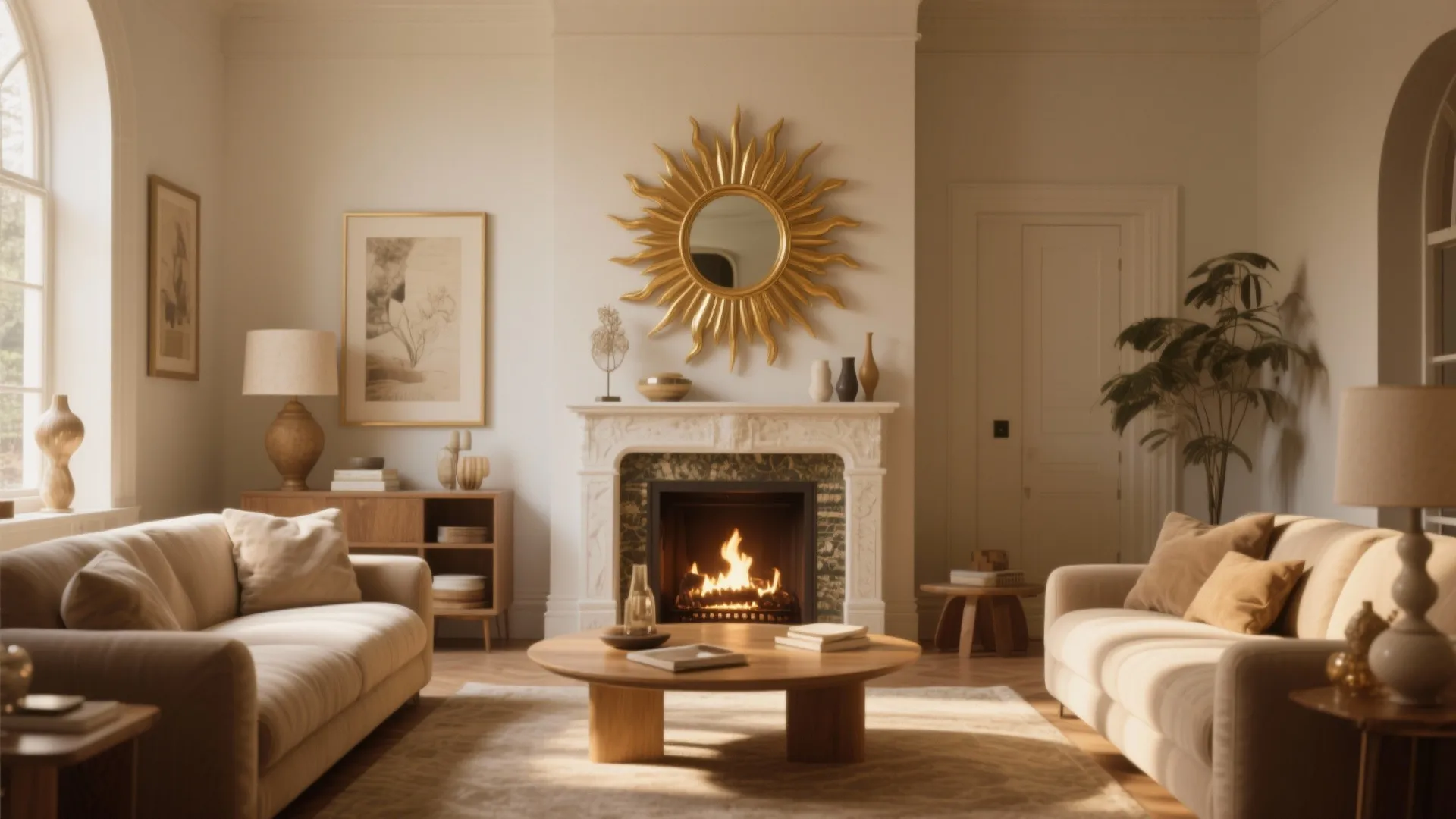 Gold sunburst decorative mirror above a living room fireplace