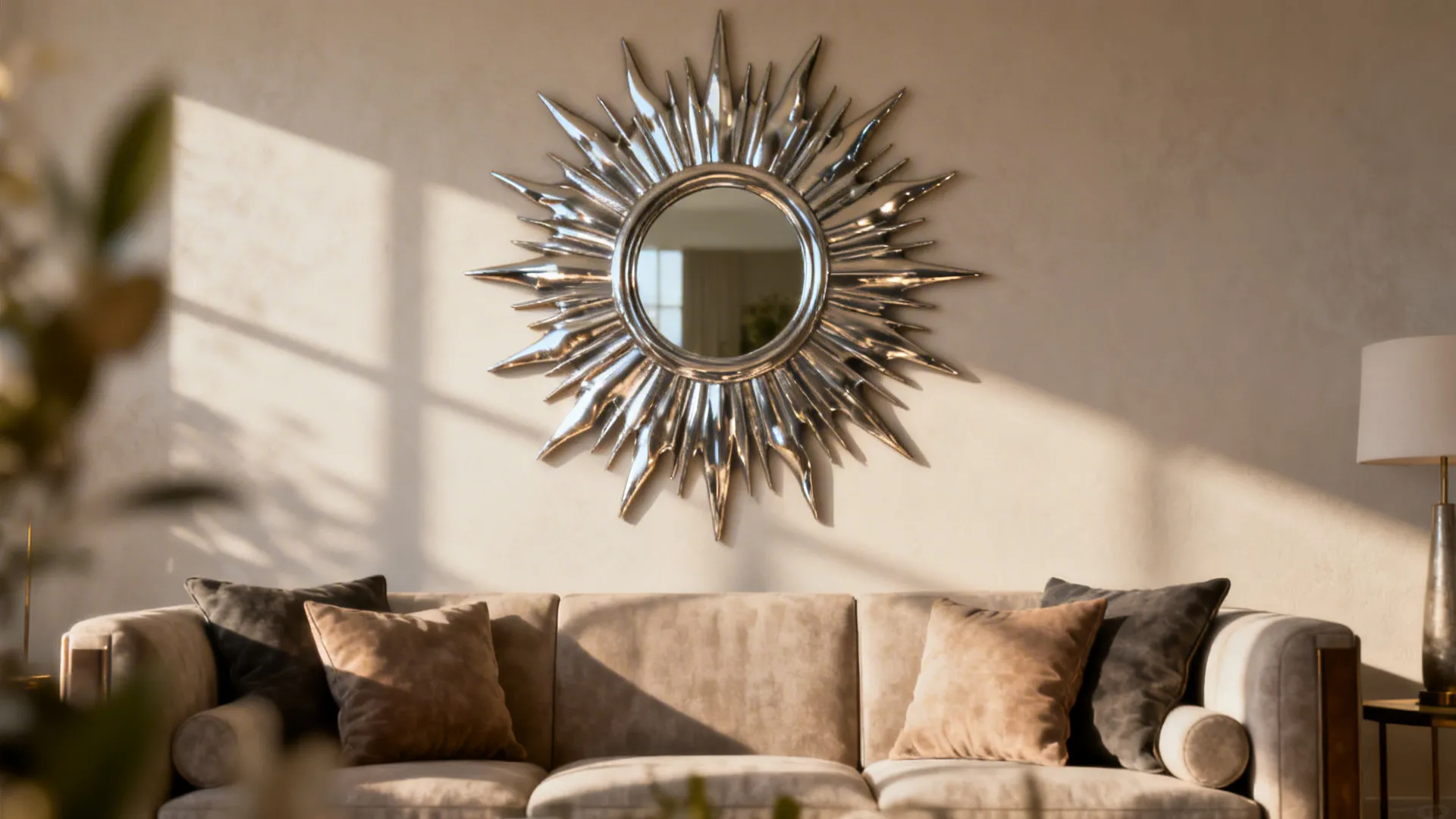 Statement sunburst mirror above a sofa creating a dramatic focal point in the living room.