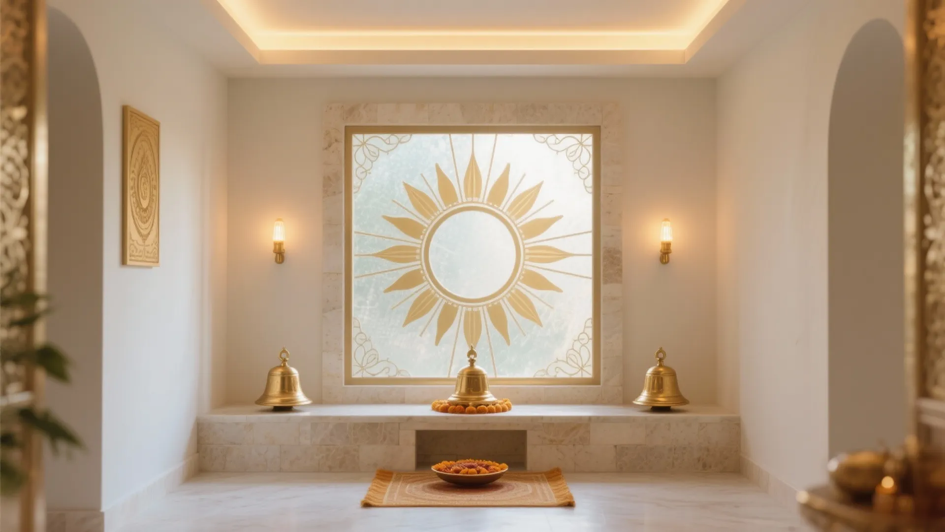 Sunburst gradient etched glass panel radiating softly in a compact pooja room with pale stone and brass.