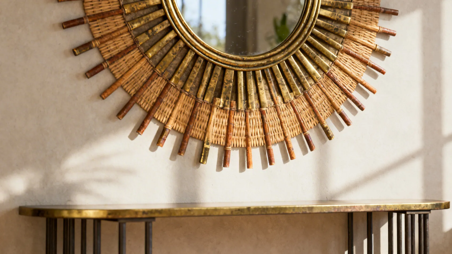 Sunburst mirror combining rattan and brass mounted above a slim console, adding warm vintage drama