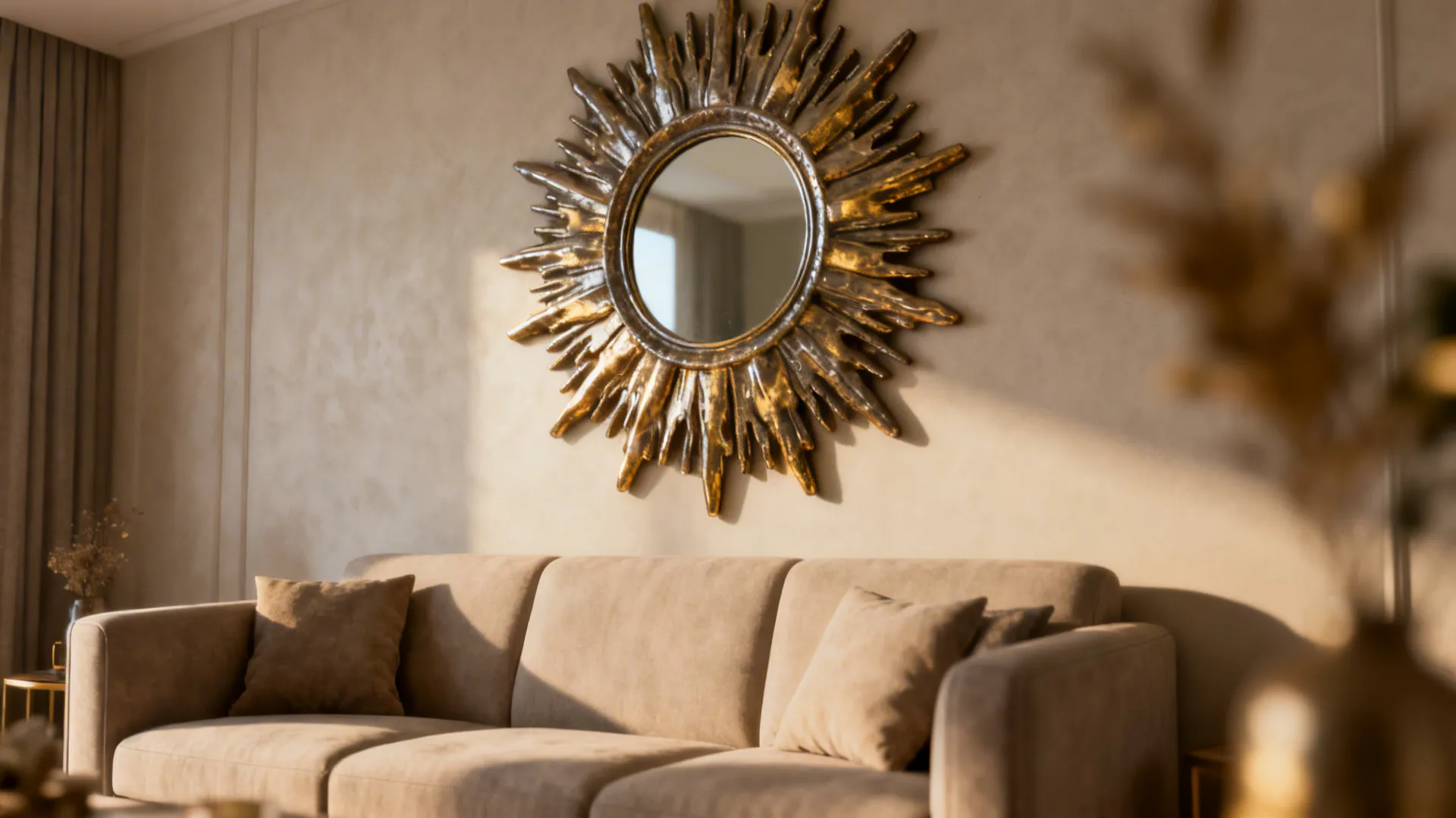 Golden sun shaped wall mirror hanging above a comfortable beige sofa in warm living room lighting