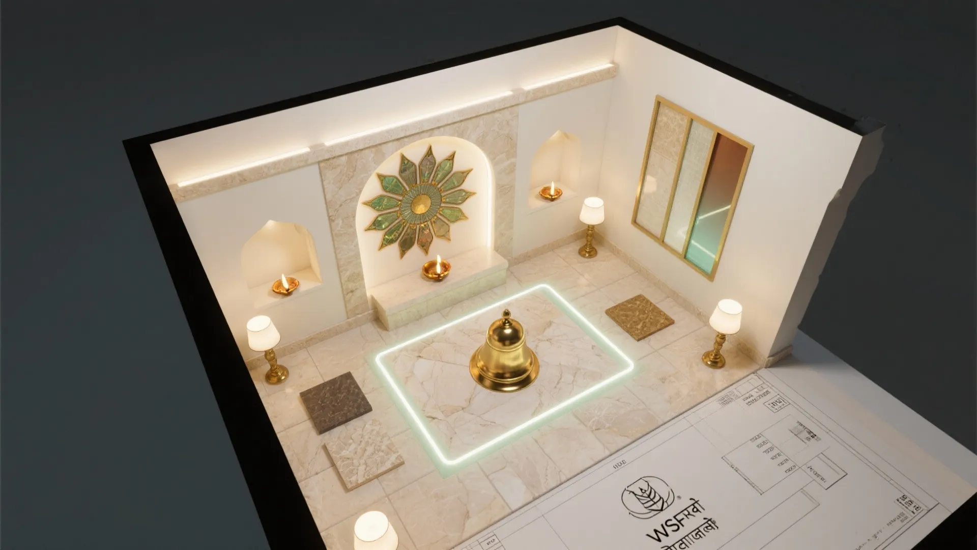 Top-down process view of graded sunburst glass, lighting layers, and clearances for a compact pooja layout.