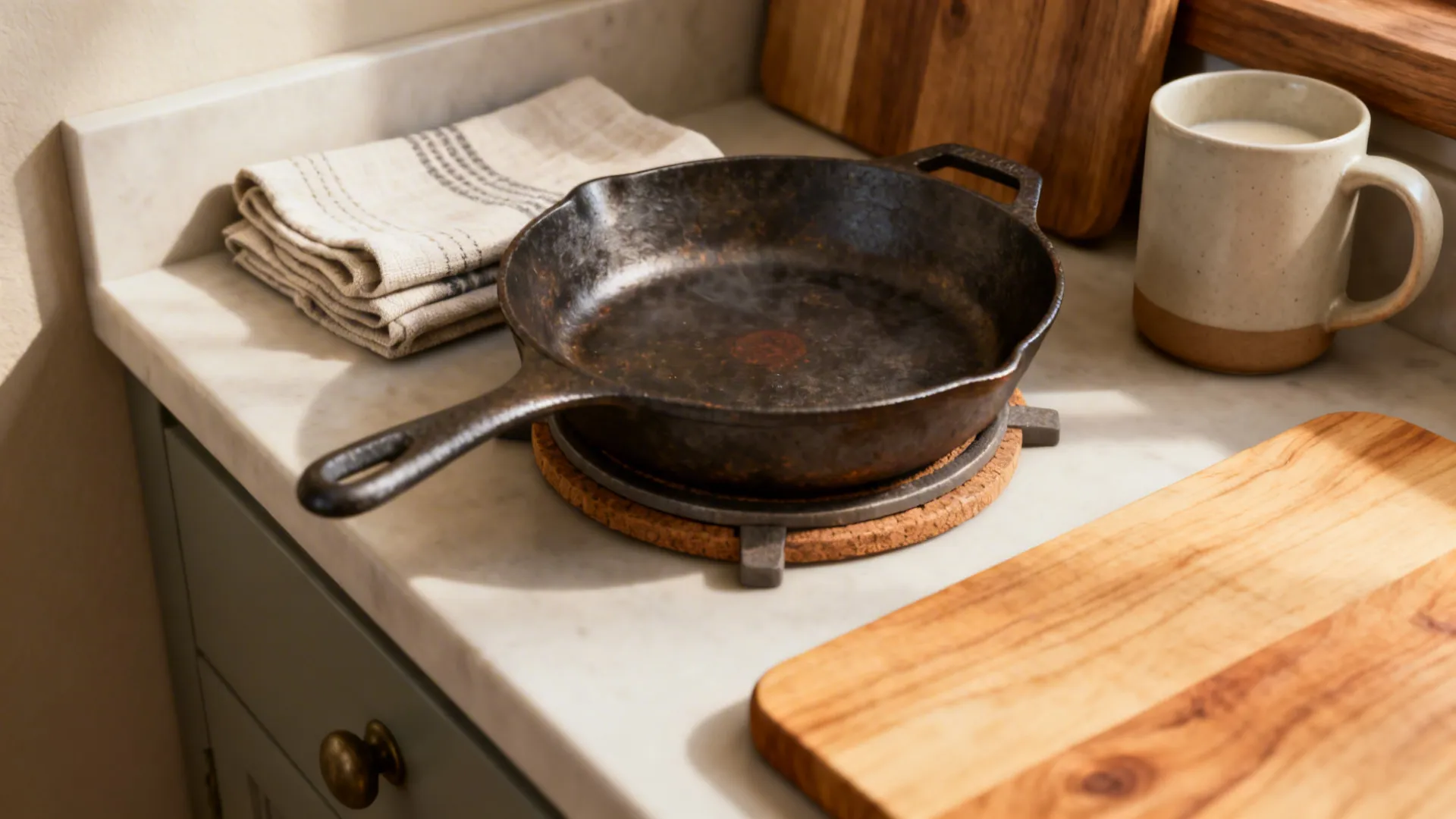 Macro detail of skillet, linen, mug, and maple board on a cozy kitchen island.