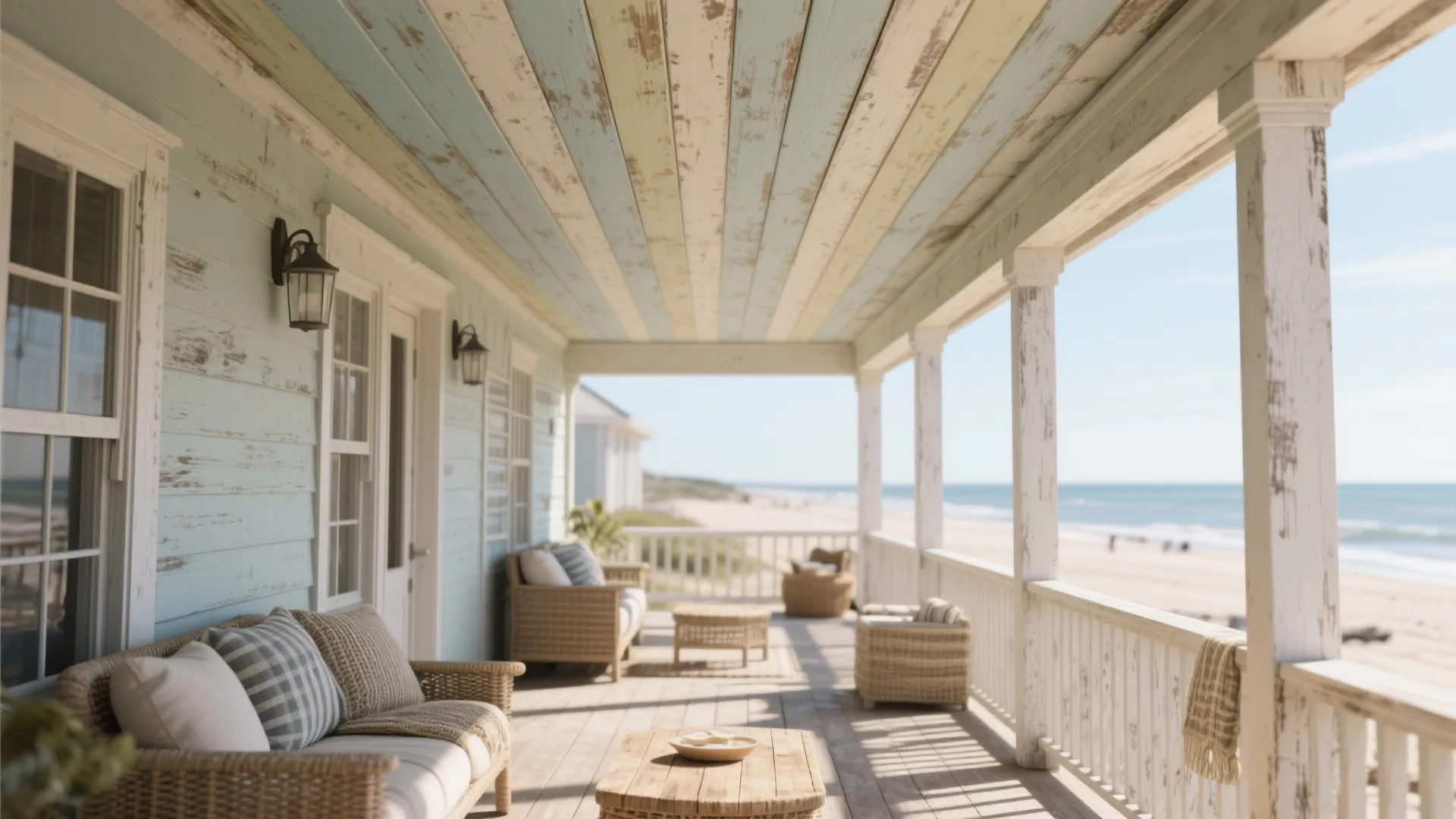 Coastal porch with wicker sofa, wooden coffee table, striped ceiling, white railings, and beach view