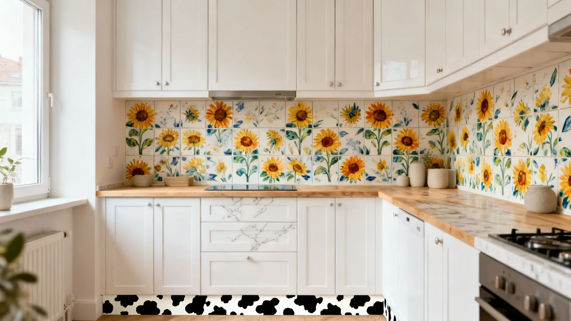 Sunflower tile backsplash with a subtle cow-print toe-kick in a compact kitchen.