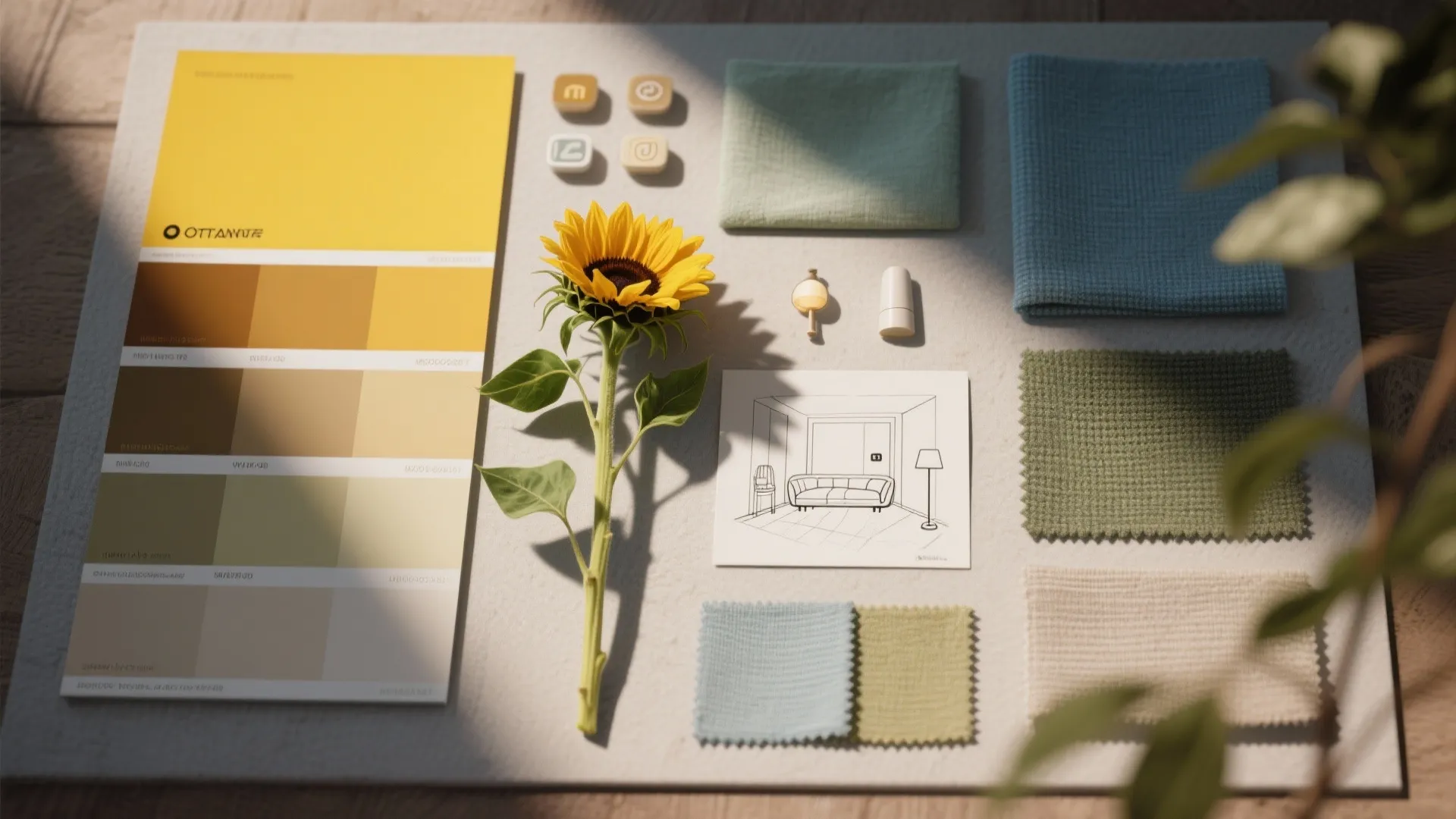 Interior design mood board with yellow color palette sunflower fabric swatches and a room drawing