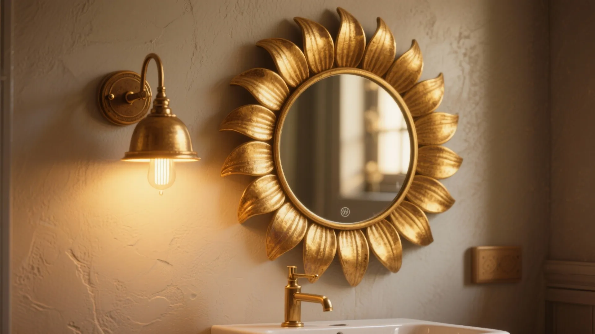 4. Sunflower-Shaped Mirror and Accent Lighting