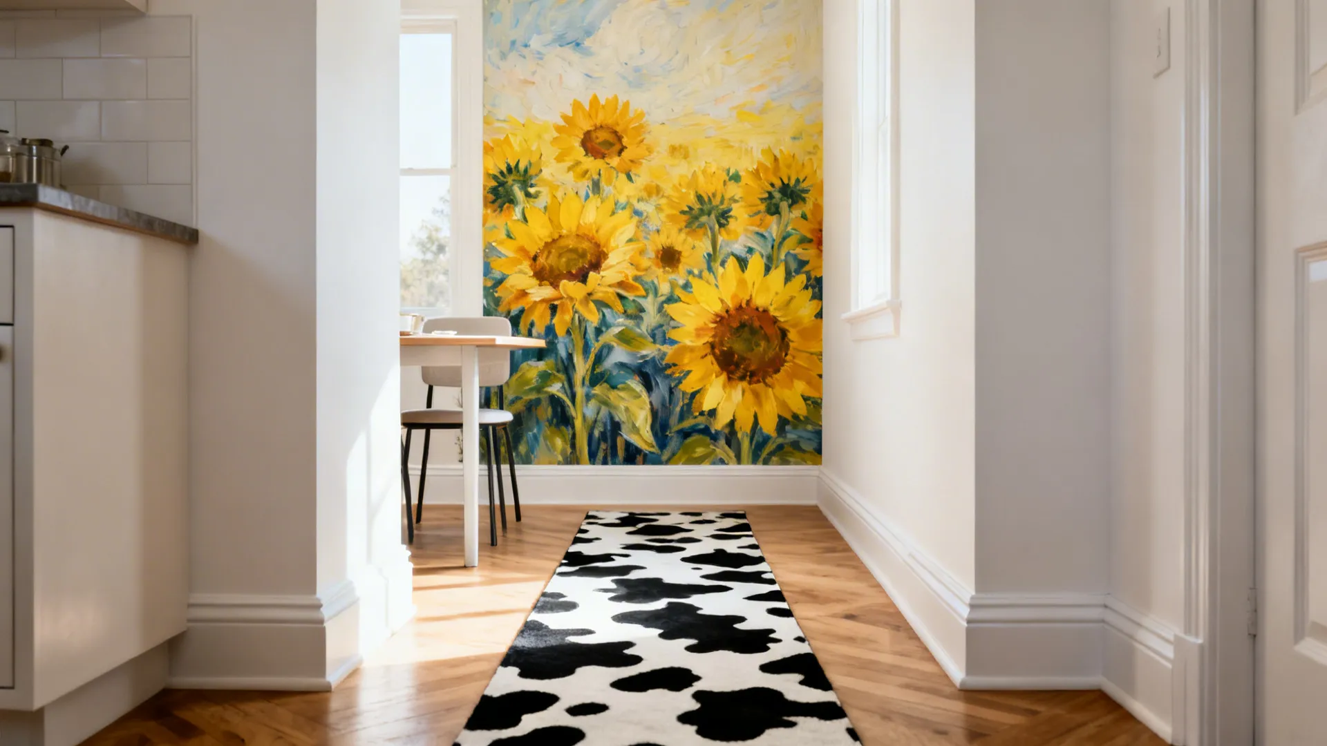 Breakfast nook with a painterly sunflower mural and a cow-print runner in soft light.