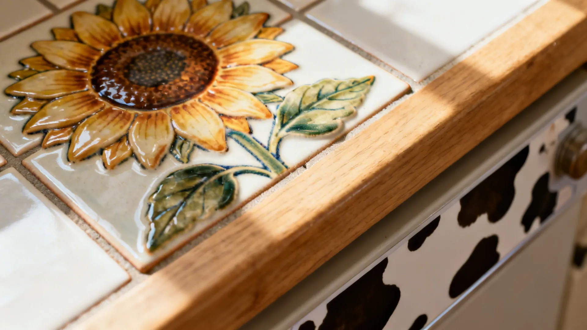 Macro of a matte sunflower ceramic tile with wood counter and soft daylight.