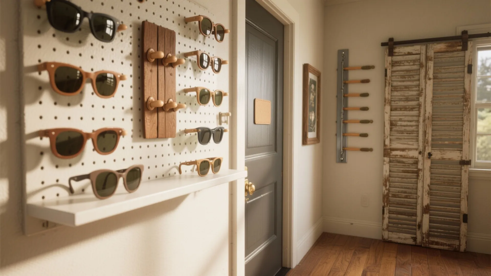 Home entryway wall featuring a pegboard for sunglasses next to a grey door and window