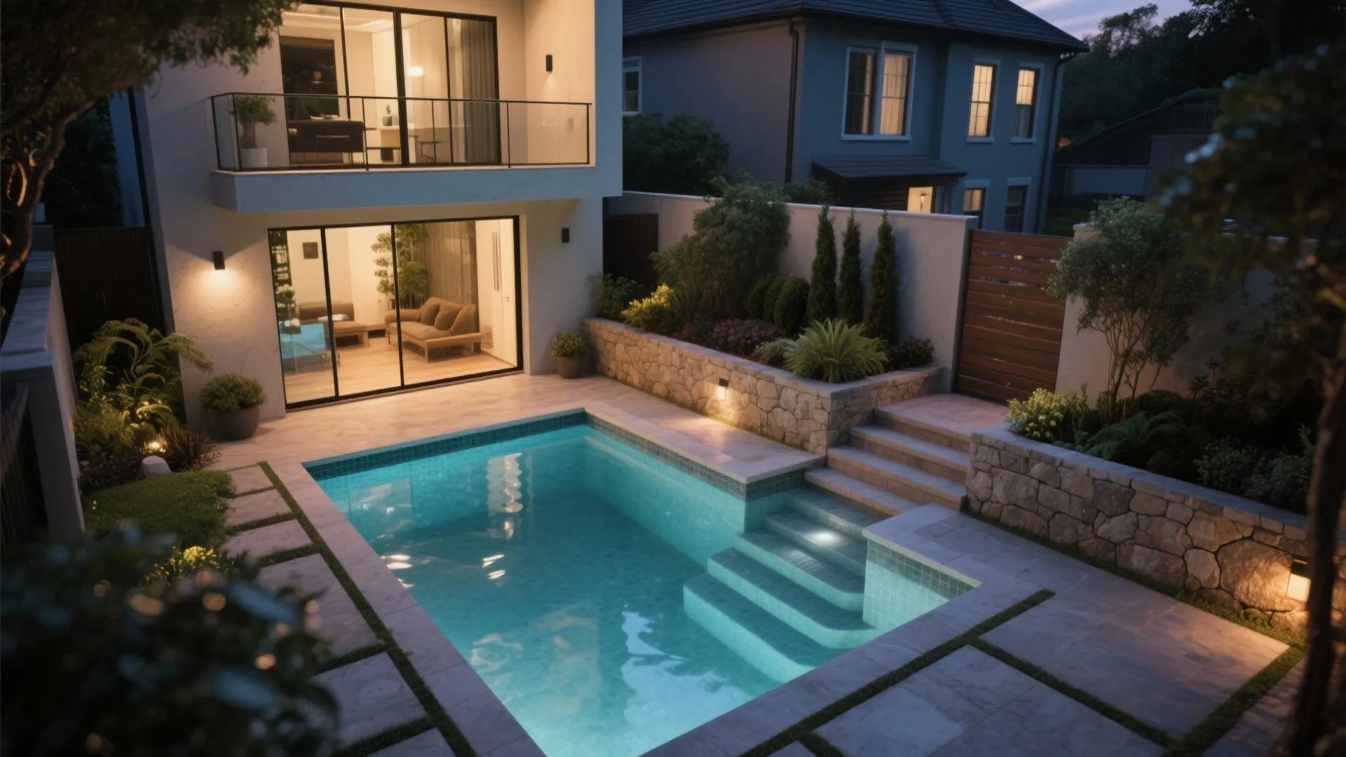 Modern backyard with a swimming pool, stone walls, green plants, and warm lights at nighttime