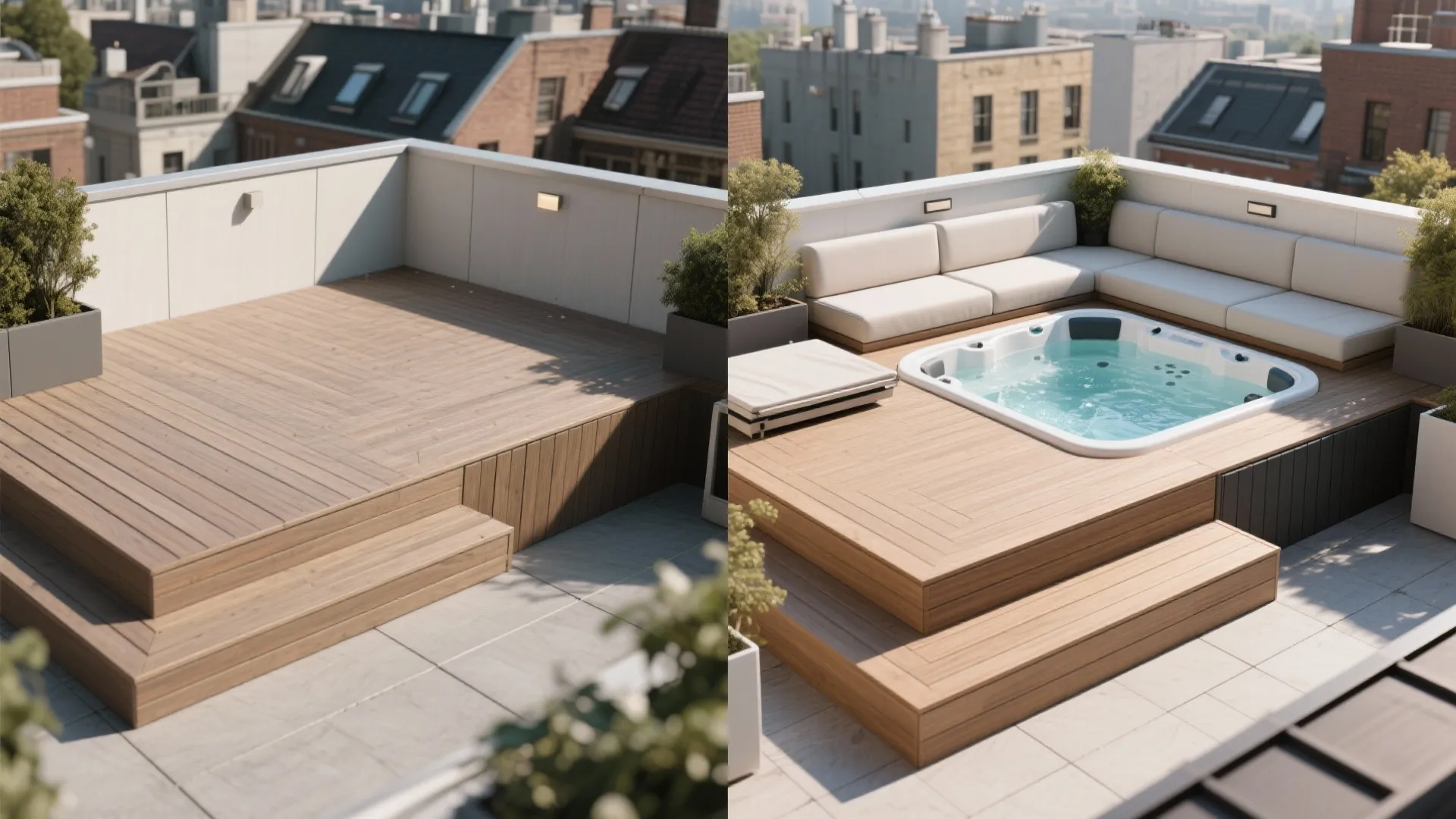 Before and after comparison of a rooftop terrace deck adding a hot tub and sofa