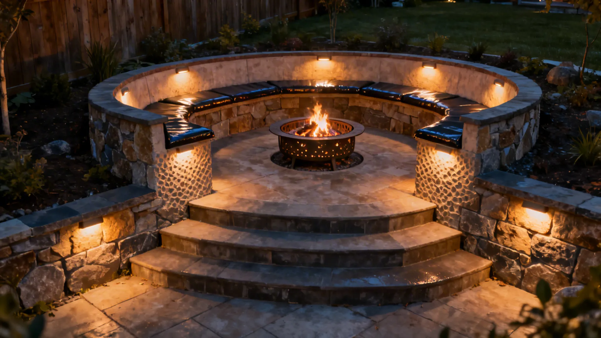 Sunken fire pit nook with stepped seating and layered lighting creating an intimate backyard retreat.