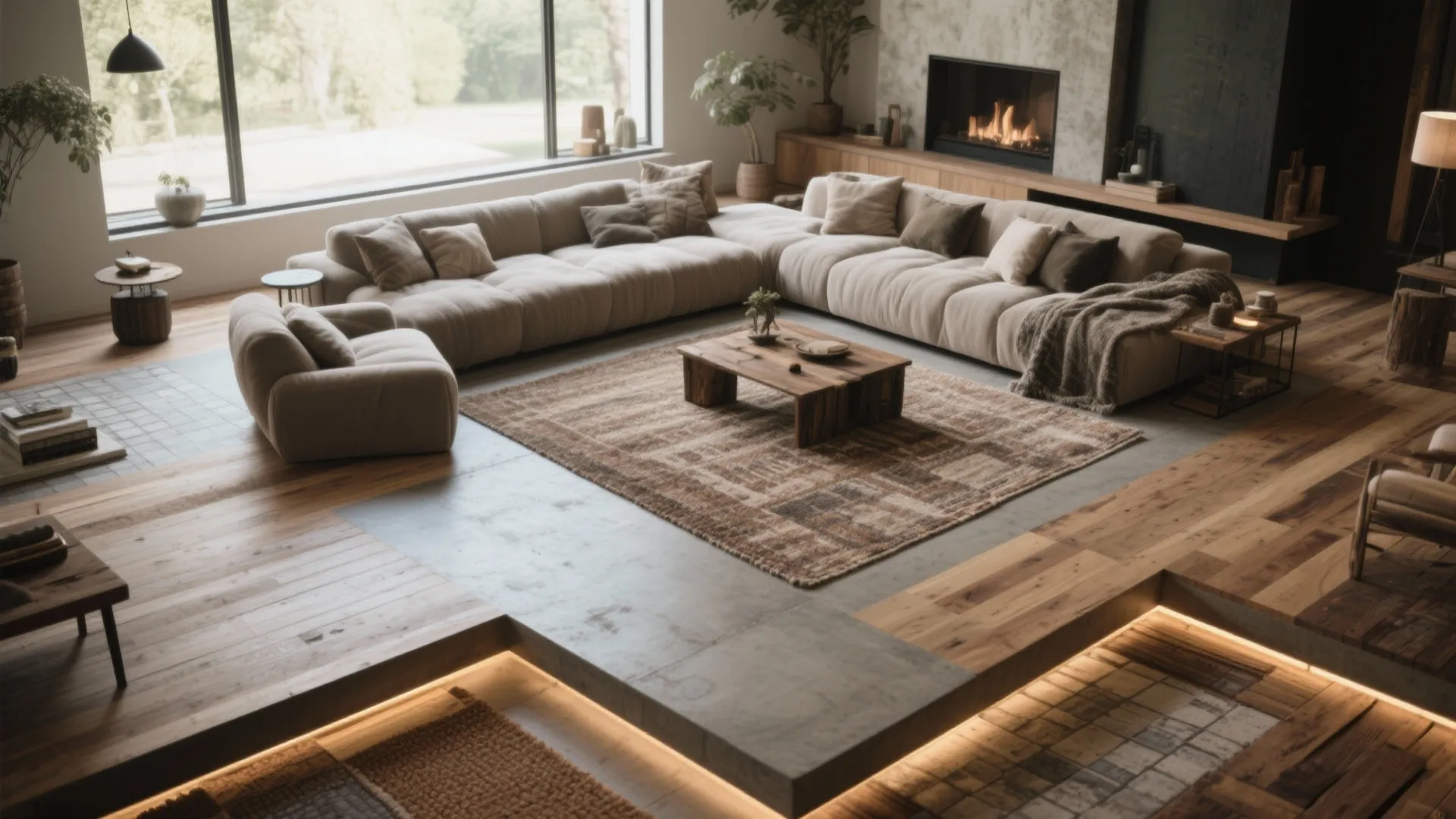 Modern sunken living room with large beige sofa wood flooring concrete tiles and cozy fireplace